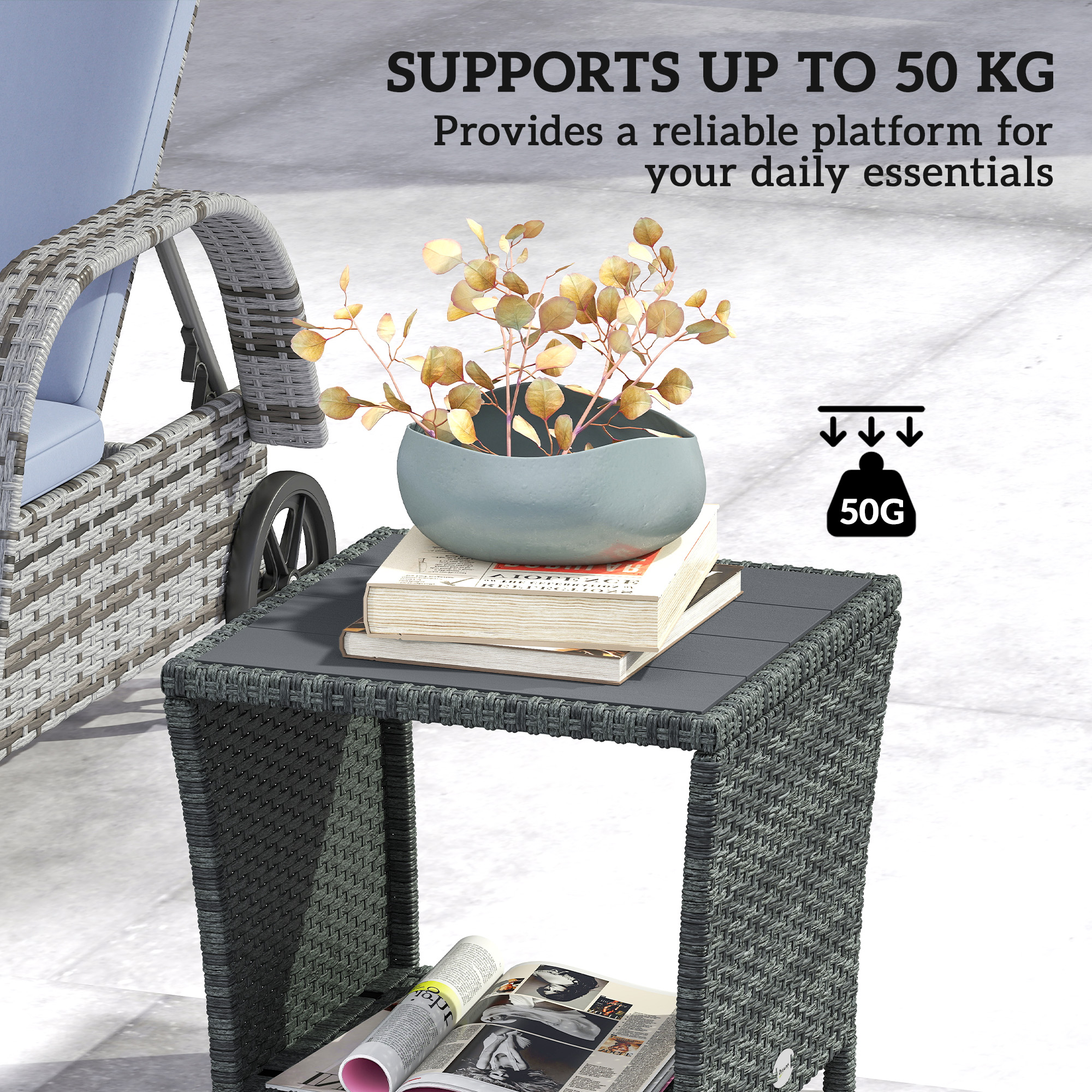 17.7" Wicker Side Table with Storage Shelf, Square PE Rattan Outdoor End Table with PS Wood Slat Top, Grey - Image 4