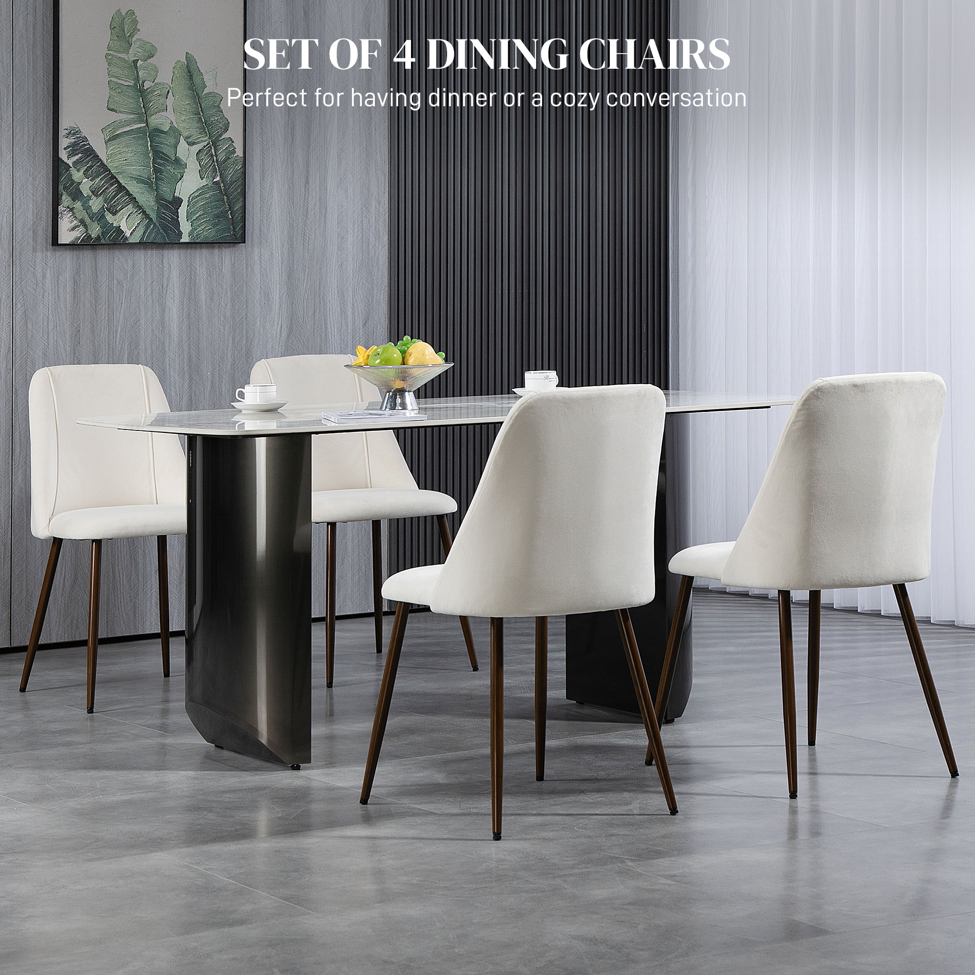 Upholstered Dining Chairs Set of 4, Velvet Accent Chair with Back and Wood-grain Steel Leg for Kitchen, Cream White - Image 2