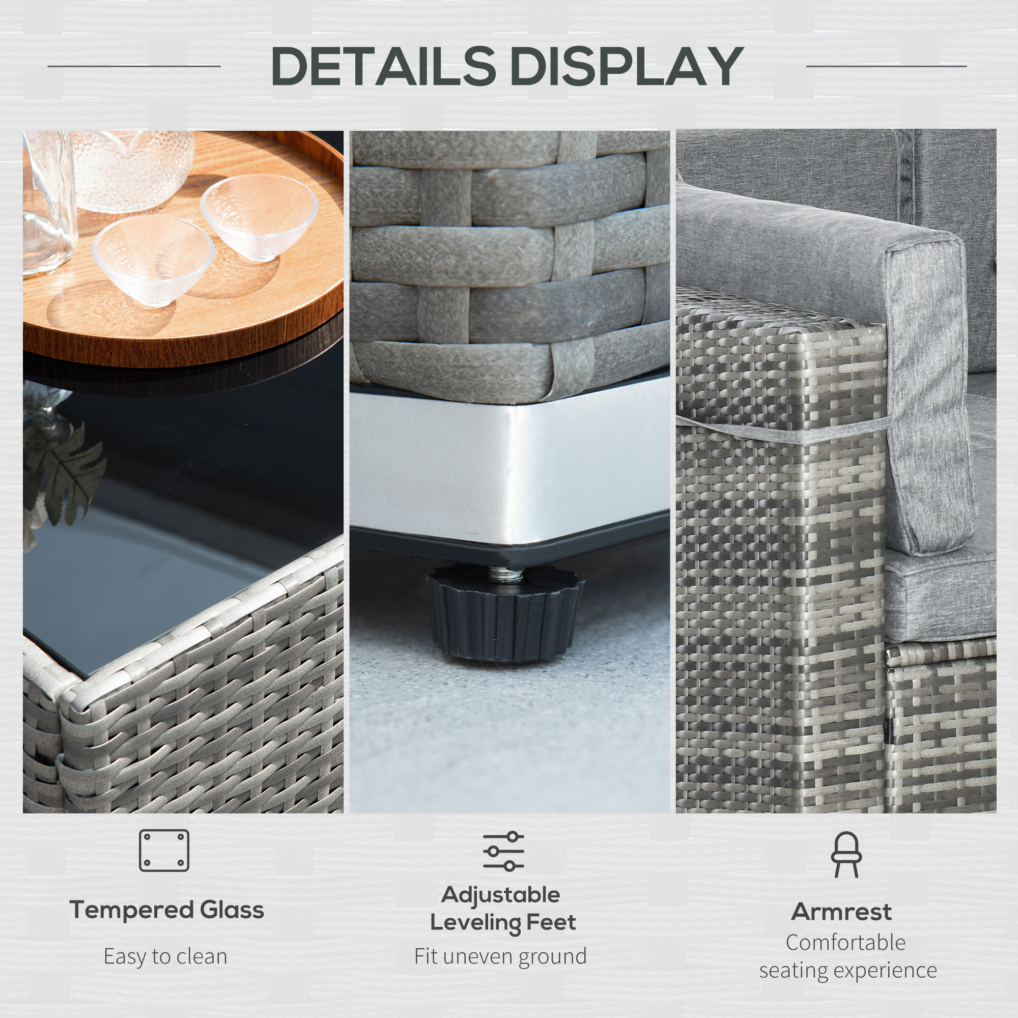 7pc Garden Wicker Sectional Set with Tea Table Patio Rattan Lounge Sofa Outdoor Deck Furniture Light Grey - Image 5
