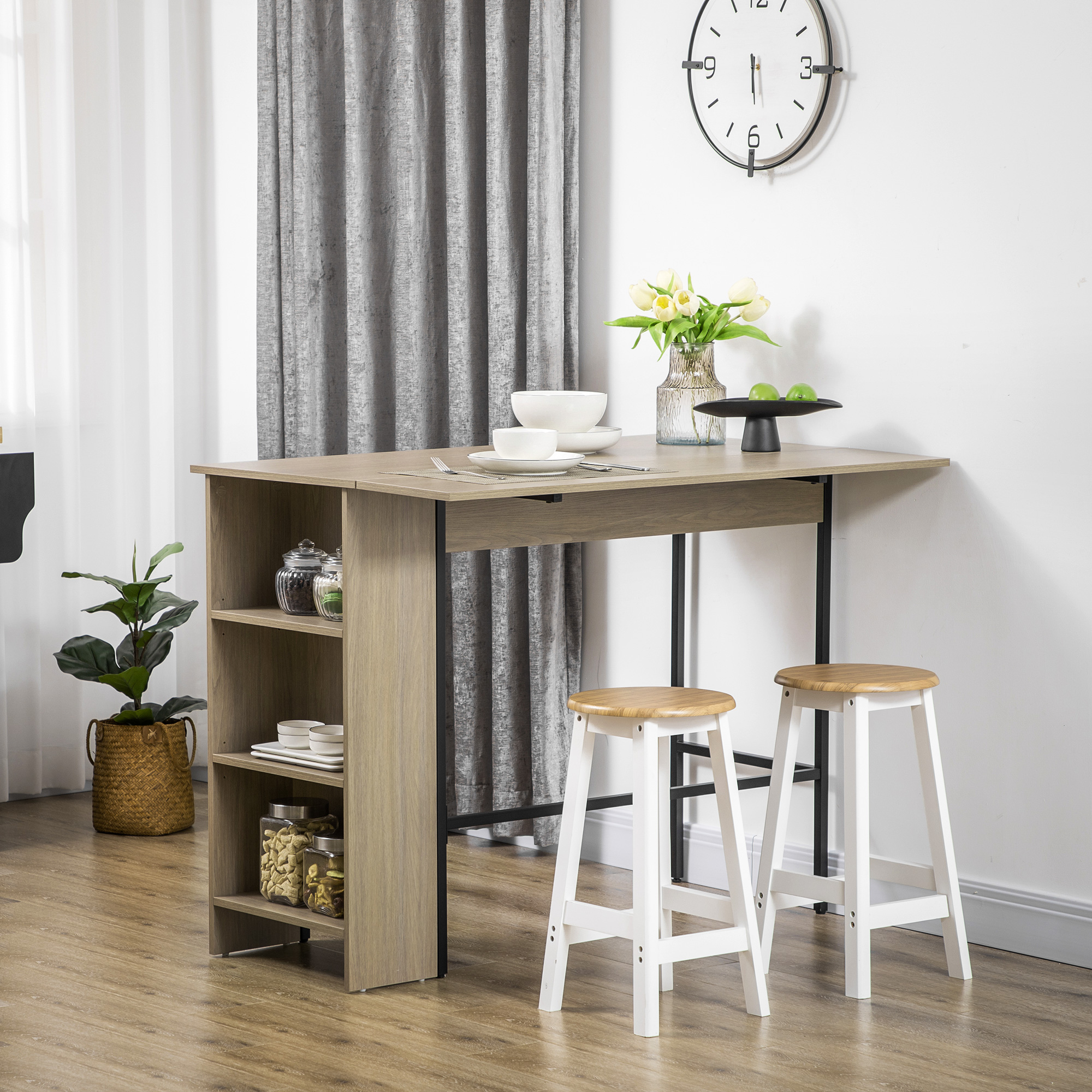 Counter Height Table with Drop Leaf, Extendable Bar Table with Adjustable Storage Shelf, Light Grey - Image 6