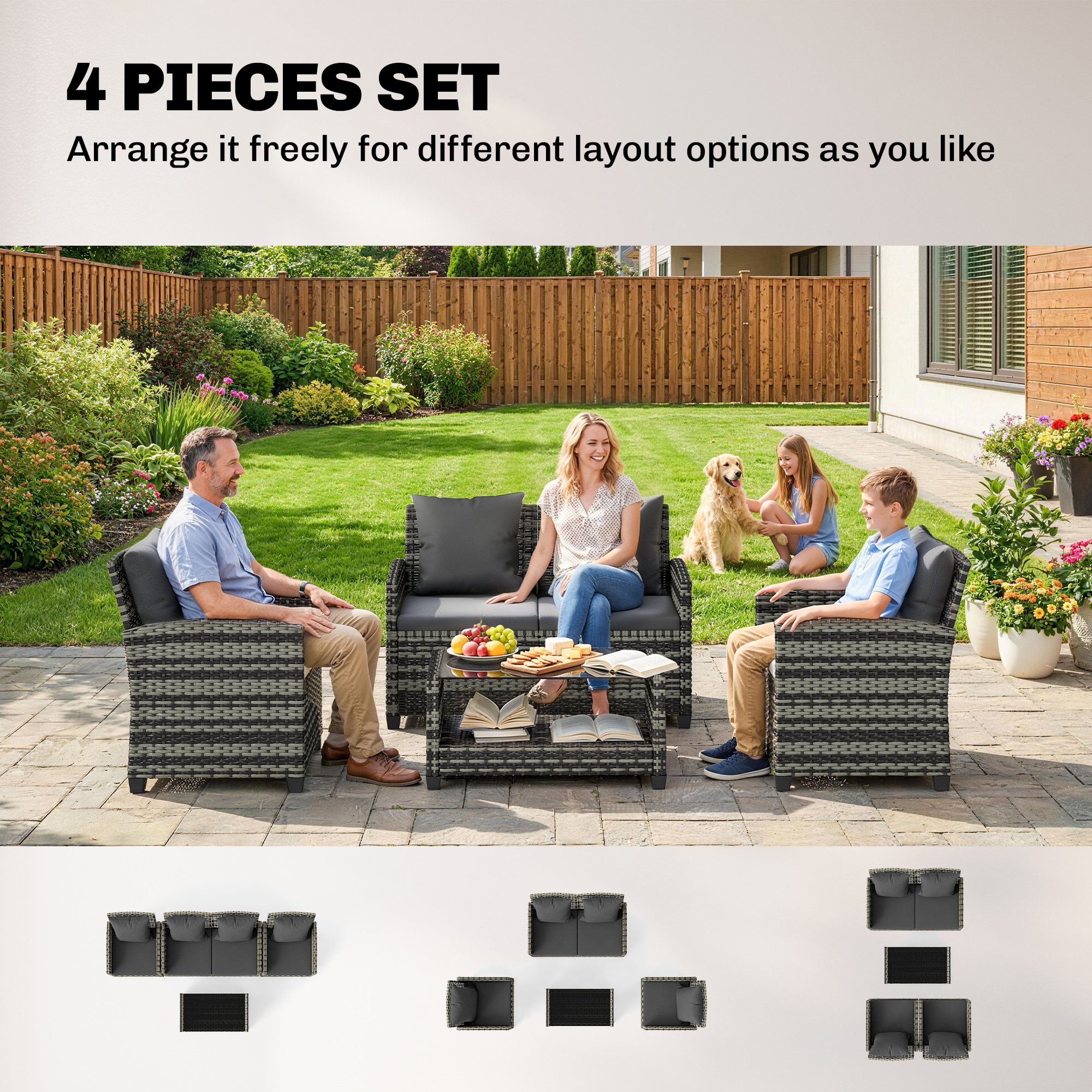 4-Piece Outdoor Wicker Patio Furniture Conversation Set, Includes Loveseat, Chairs and 2-Tier Table with Cushions, Modern Rattan Sofa Set for Backyard, Dark Grey - Image 2