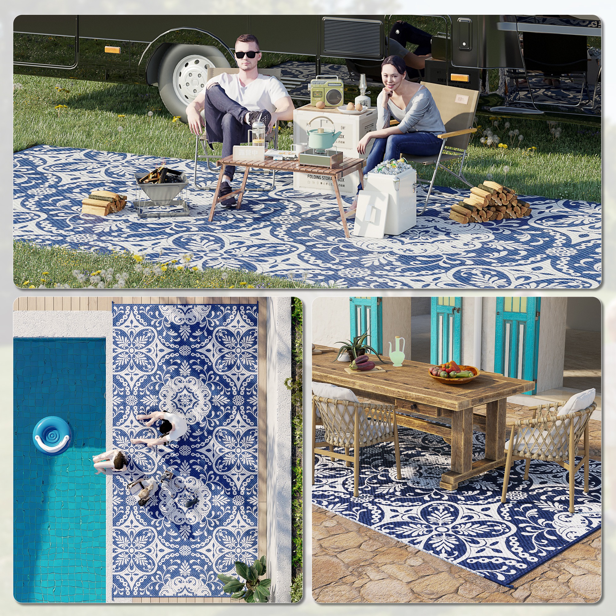 Portable Outdoor Rug with Carry Bag, 9' x 18' Reversible Mat, Waterproof Plastic Straw RV Rug for Backyard, Deck, Picnic, Beach, Camping, Blue & White Flower - Image 3