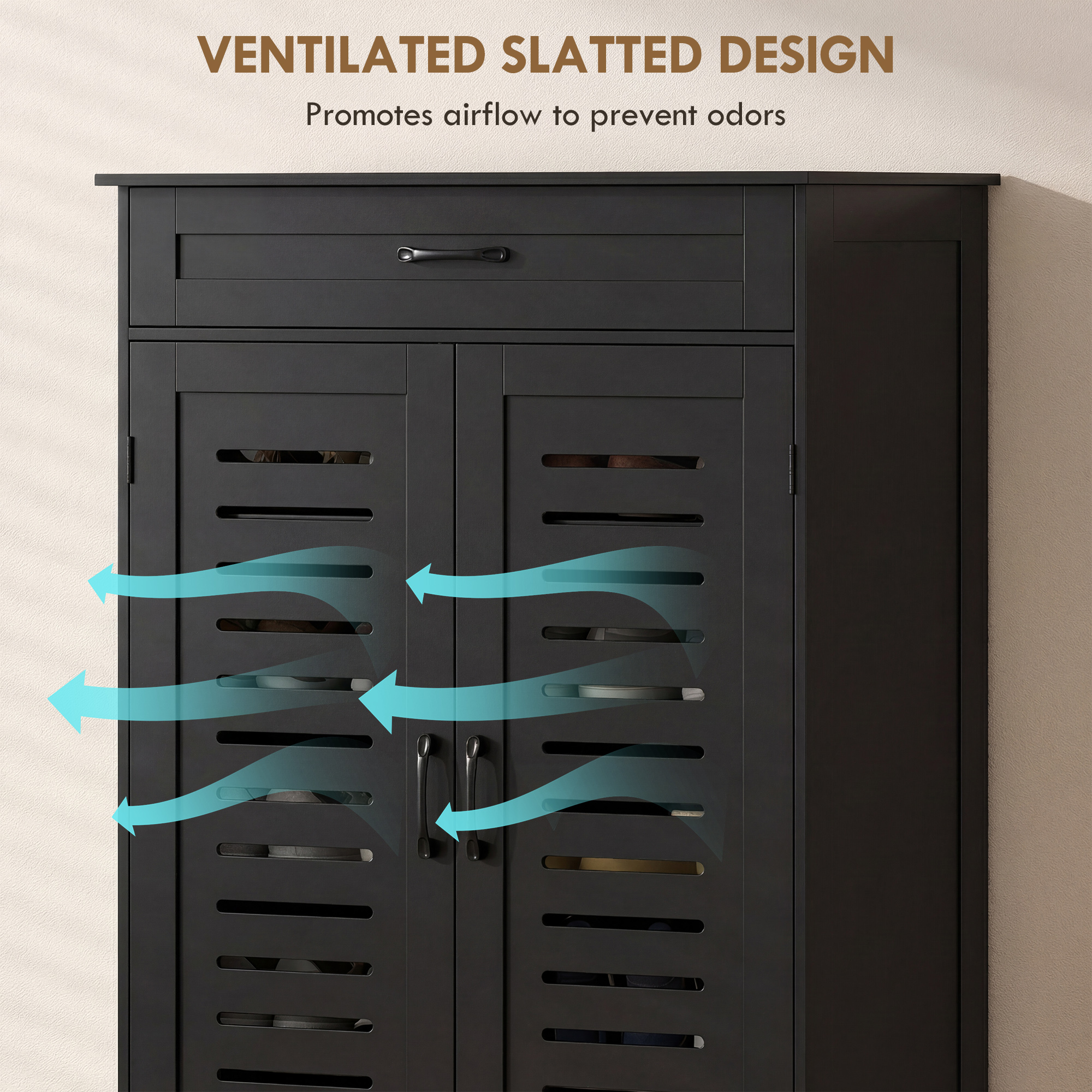Shoe Cabinet with Louvered Doors, Modern Shoe Storage Cabinet with Drawer and Adjustable Shelves, Black - Image 4