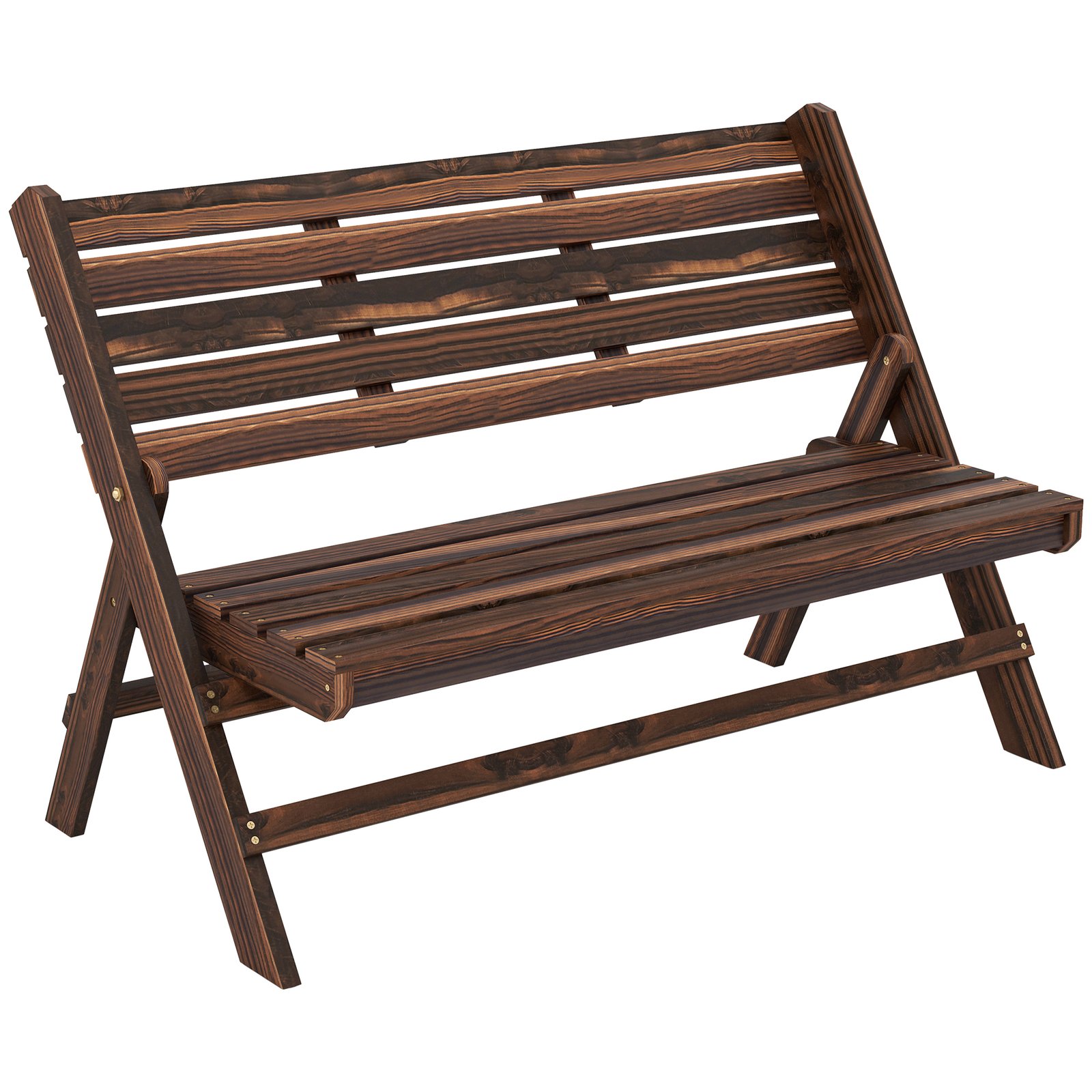 2-Seater Wooden Outdoor Bench, Foldable Garden Bench with Slatted Backrest and Seat, Patio Loveseat, Carbonised Finish