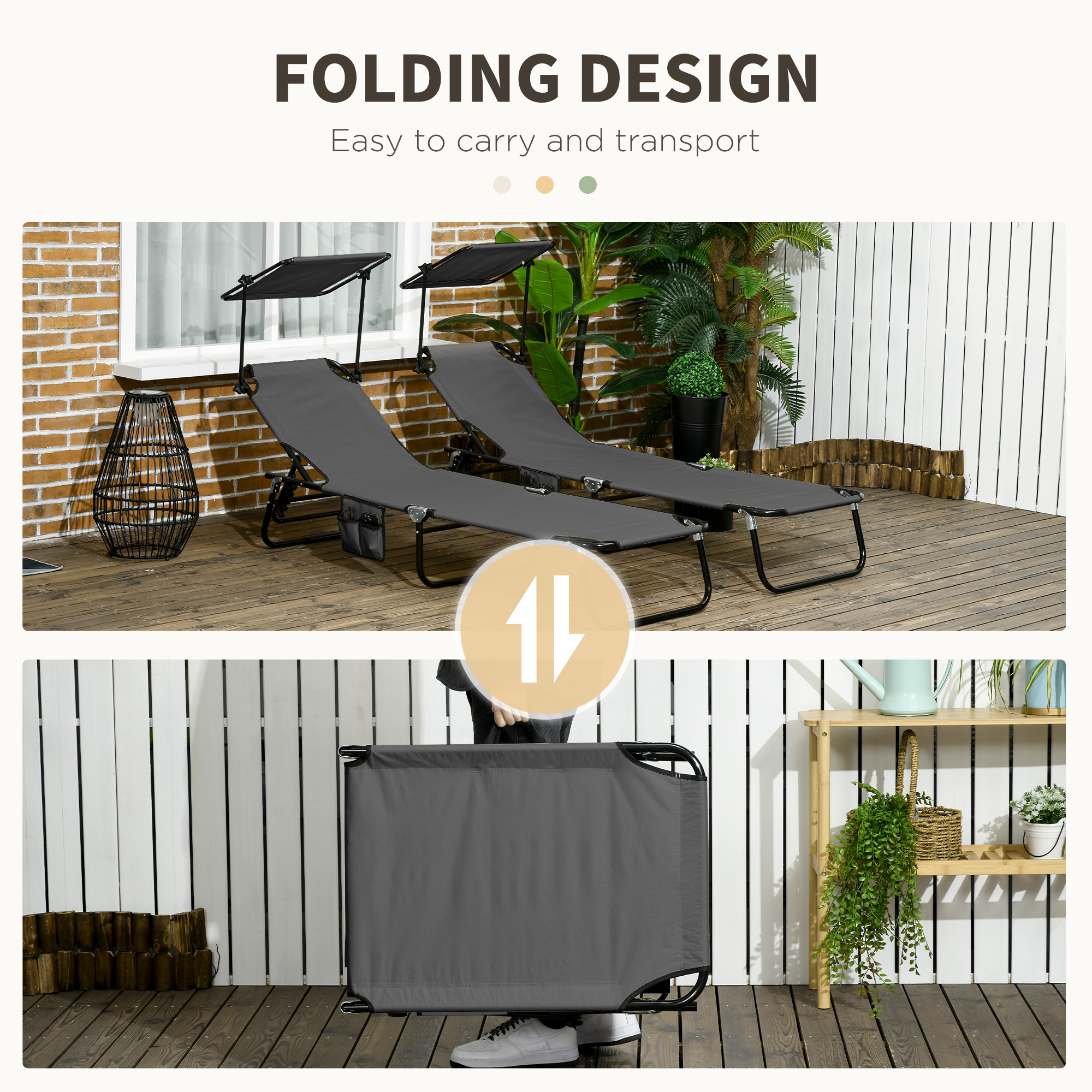 2 Piece Folding Outdoor Chaise Lounges, Pool Tanning Chairs with Reclining Back, Sunshade for Beach, Patio, Dark Grey - Image 4