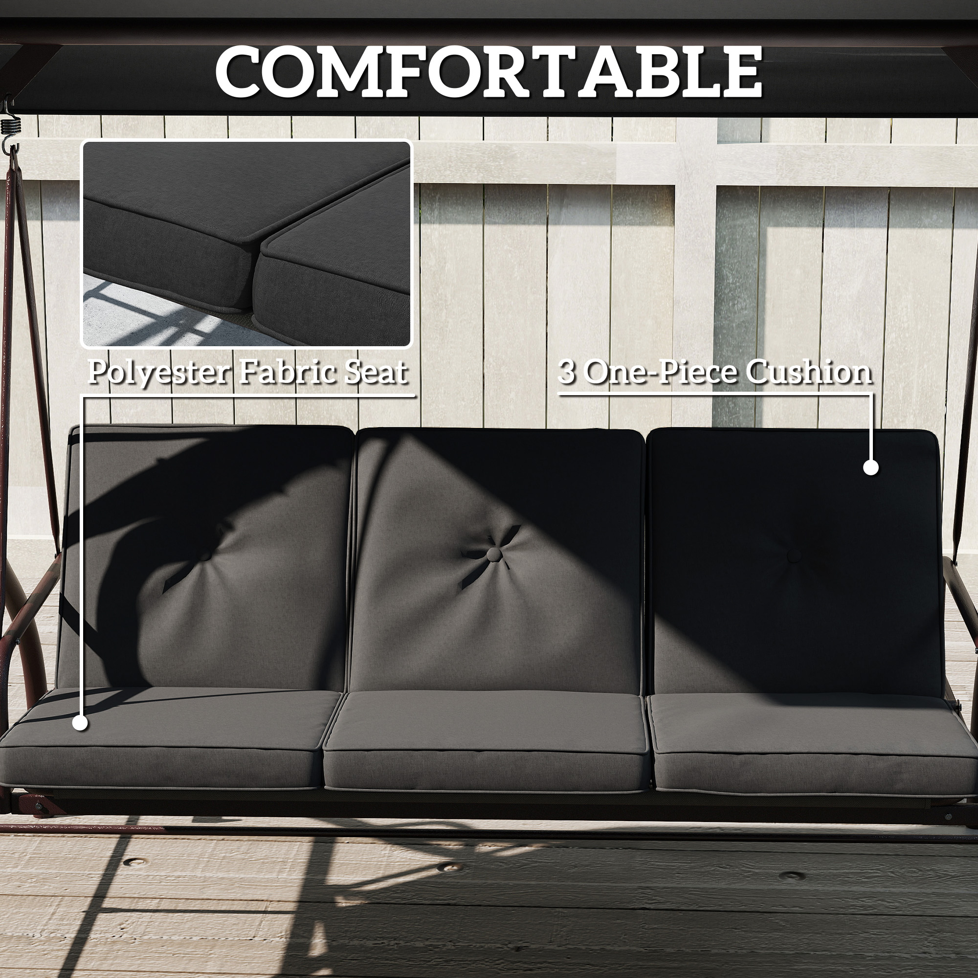 Convertible Patio Swing Bed with Canopy and Cushions, 3 Seater Porch Swing for Outdoor, Backyard, Garden, Black - Image 5
