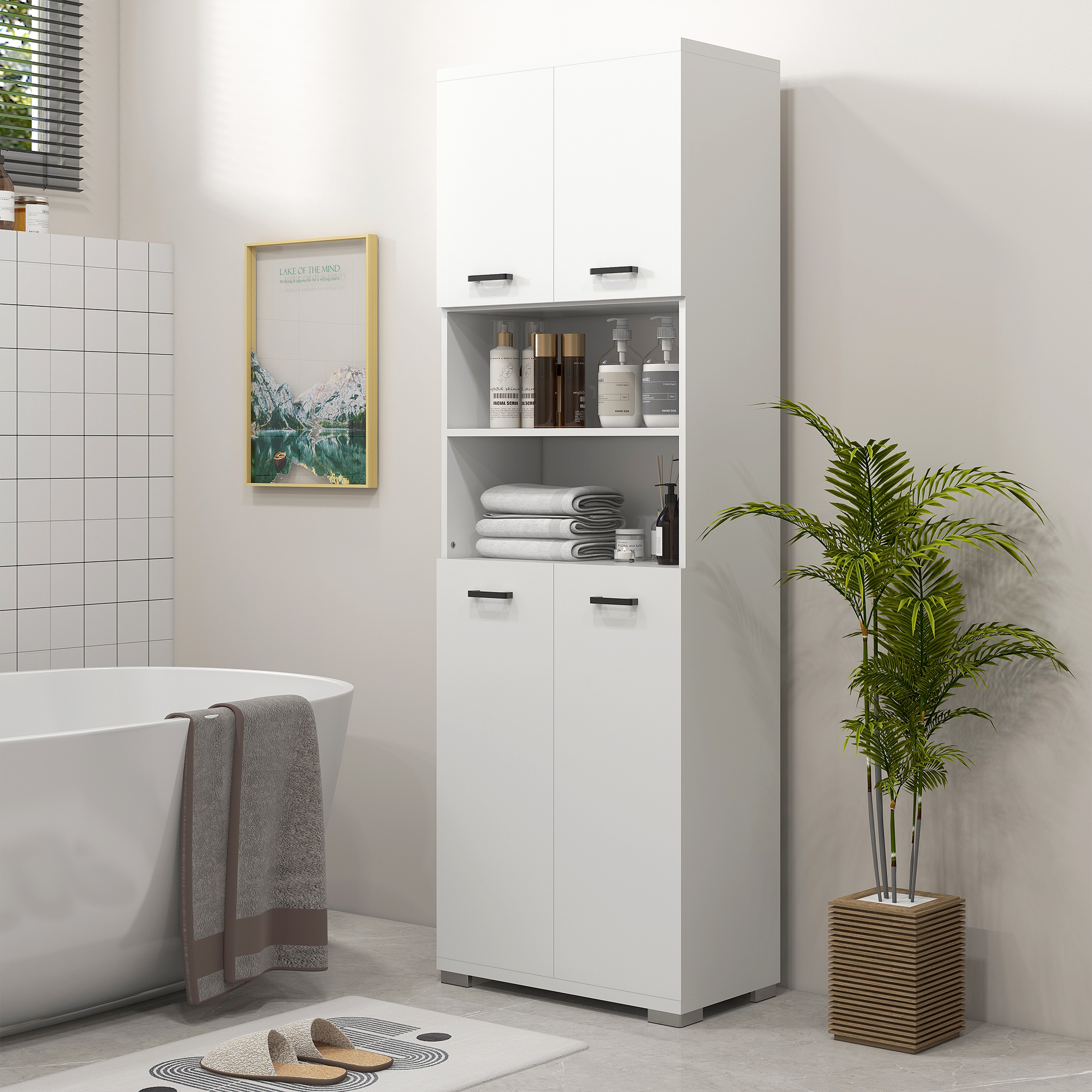 Bathroom Cabinet, Freestanding Linen Cabinet with Open Shelves and Cupboards, 23.6"x13.2"x72", White - Image 6