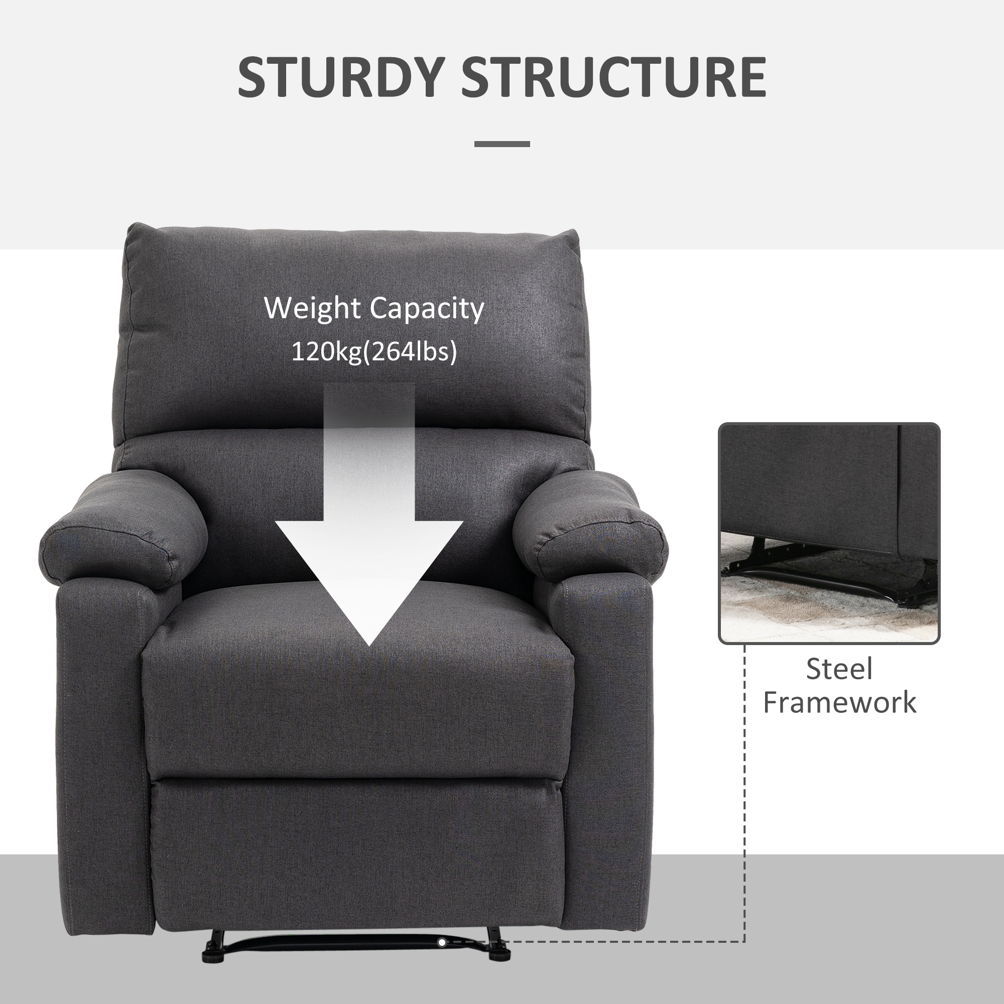 Recliner Chair, Manual Reclining Chair with Footrest, Padded Seat for Living Room, Bedroom, Study, Dark Grey - Image 4