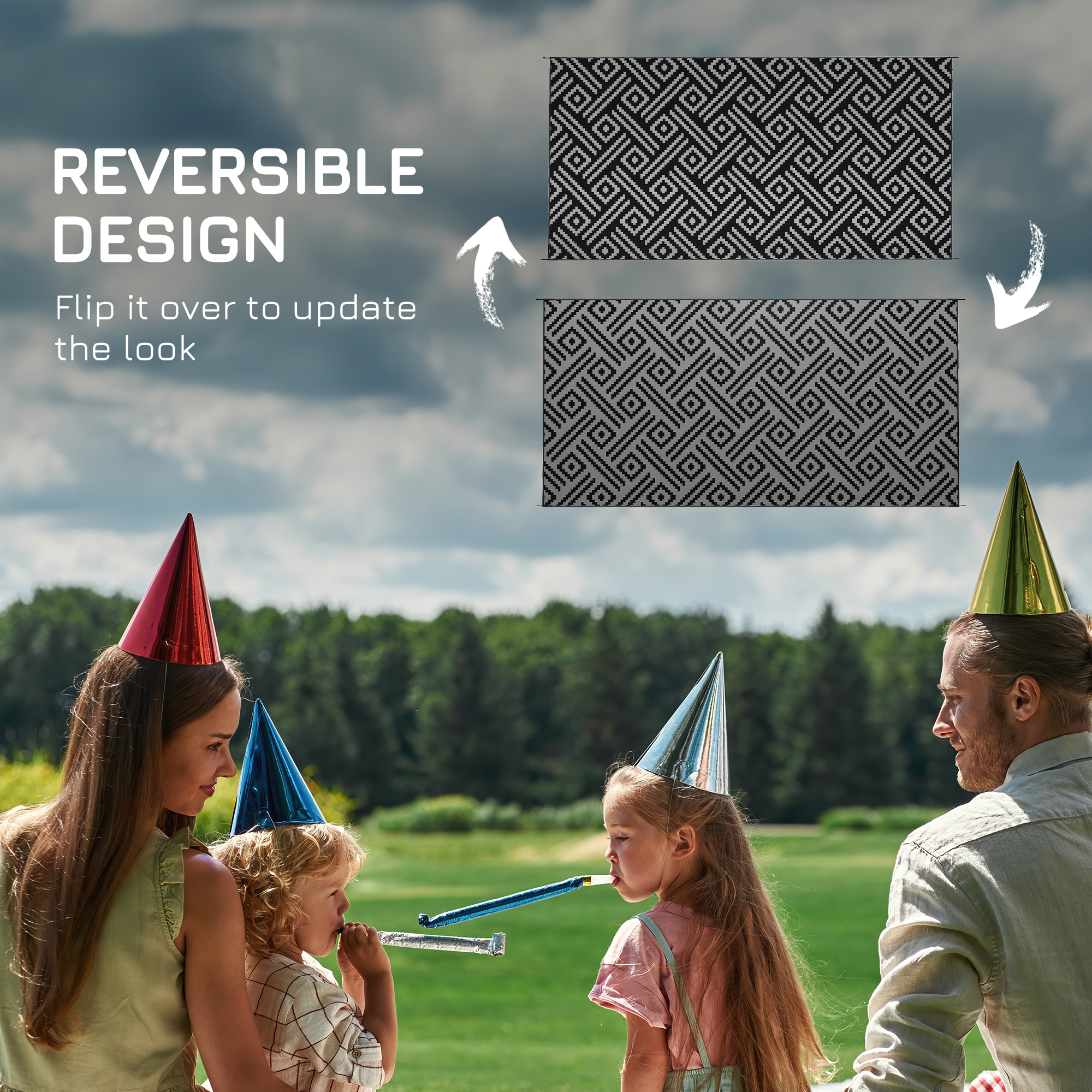 Reversible Outdoor Rug Waterproof Plastic Straw RV Rug with Carry Bag, 9' x 18', Black and Grey Geometric - Image 5