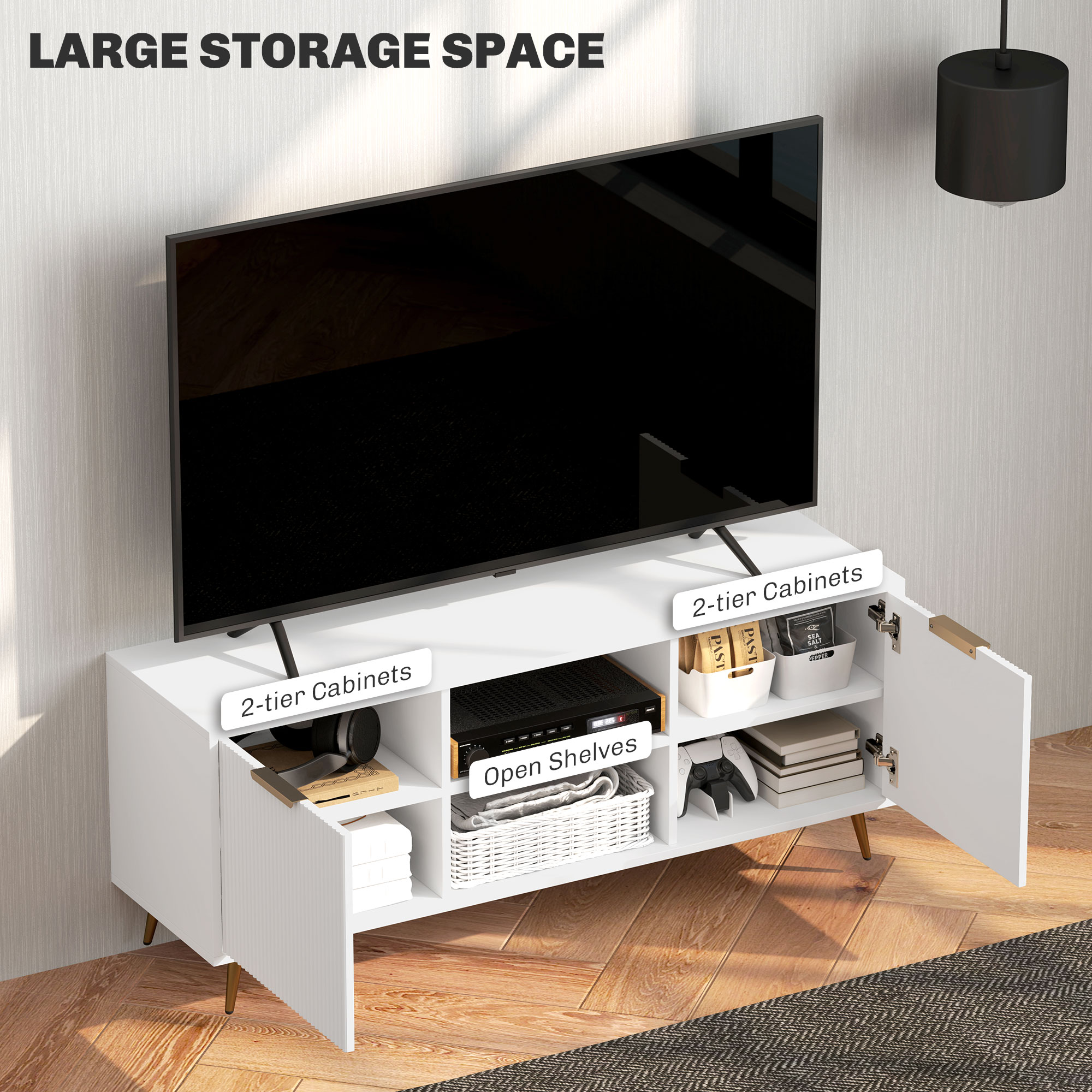 TV Stand with Storage for 55 Inch TV, Modern TV Cabinet with 2 Open Shelves and 2 Cabinets for Living Room, White - Image 3