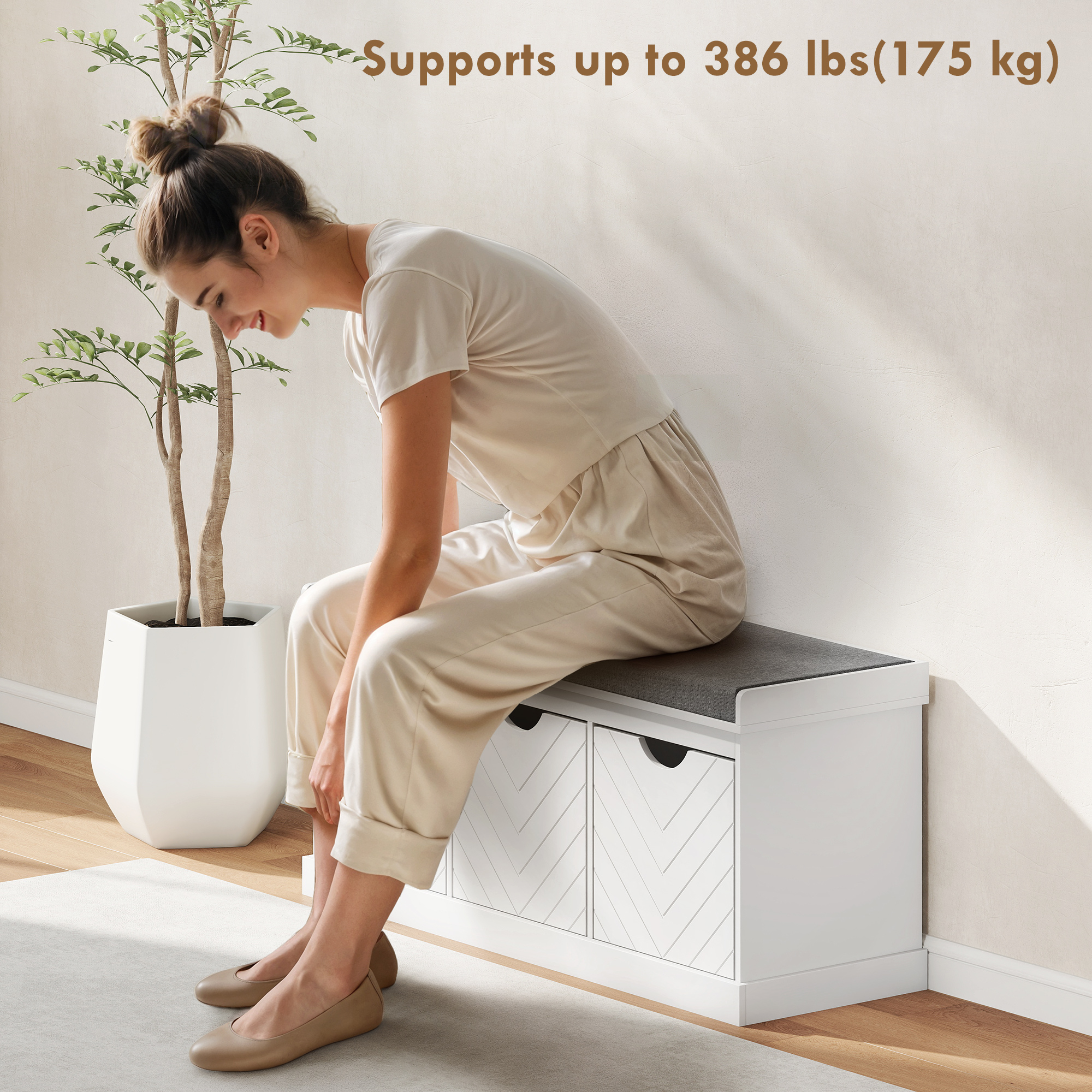 Shoe Storage Bench, Linen-Look Entryway Bench with 3 Removable Drawers and Padded Seat Cushion for Hallway, White - Image 4