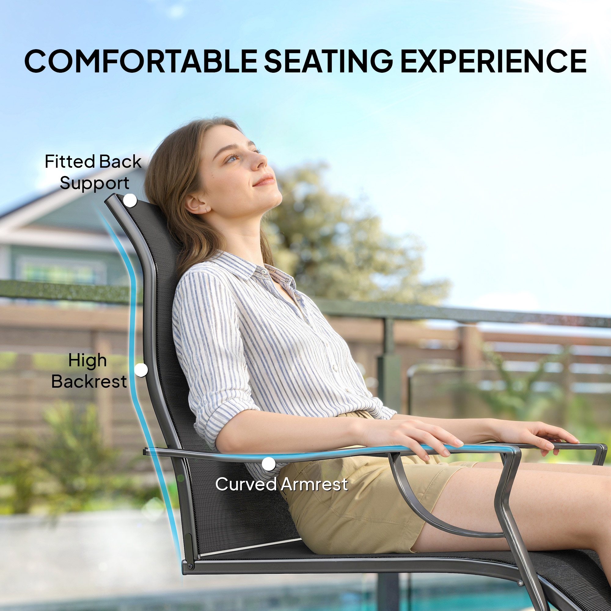 C Spring Motion Patio Chairs Set of 2 with Curved High Backrest, Armrest, All Weather Breathable Fabric, Metal Frame - Image 3