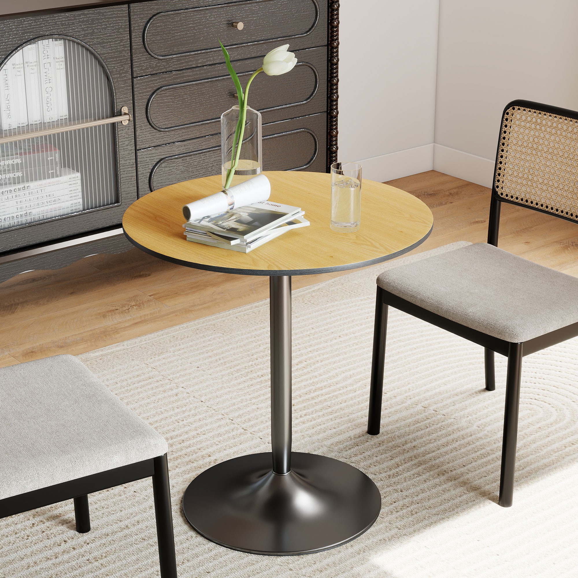 27.6" Round Kitchen Table for 2, Modern Small Dining Table with Wood Veneer, Steel Base for Dining Room, Natural - Image 6