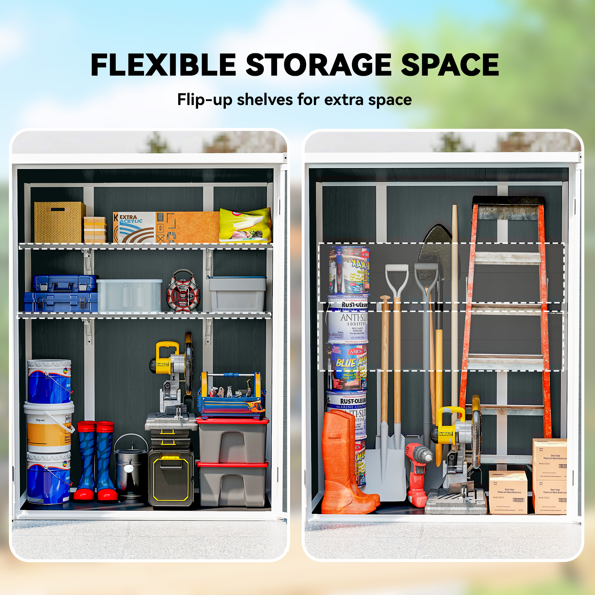 Outdoor 4.4' x 2.3' Plastic Storage Shed with Lockable Doors and Foldable Shelves, Wood-Effect Garden Shed, Grey - Image 2