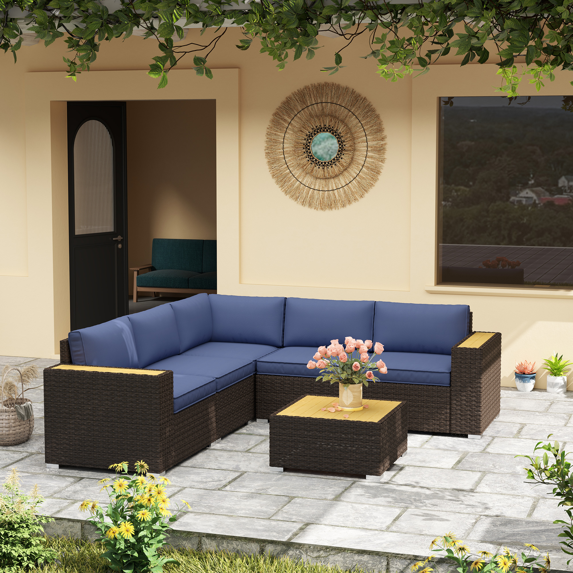 6 Pieces Outdoor Rattan Patio Furniture Set with Corner Sofa, Wood-Plastic Coffee Table, Navy Blue - Image 6