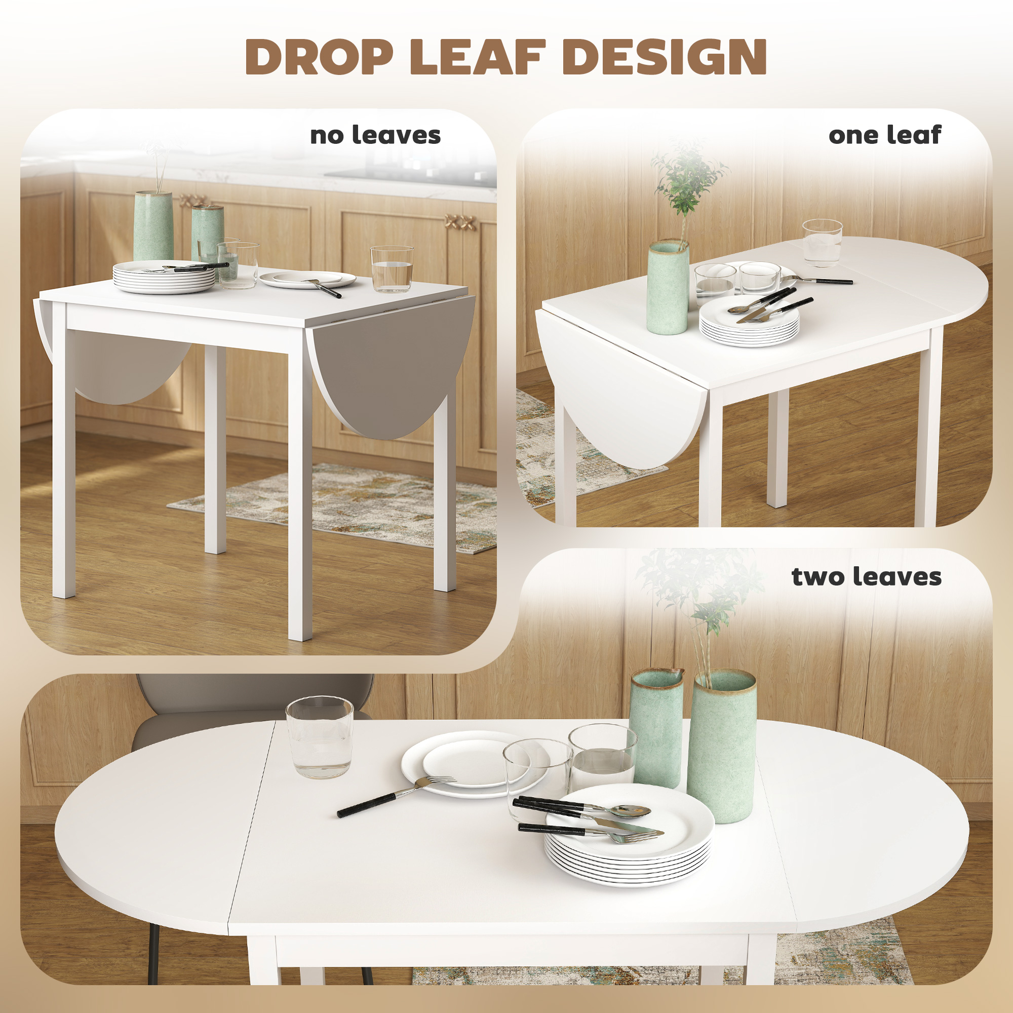 Solid Wood Kitchen Table, Drop Leaf Tables for Small Spaces, Folding Dining Table, White - Image 3