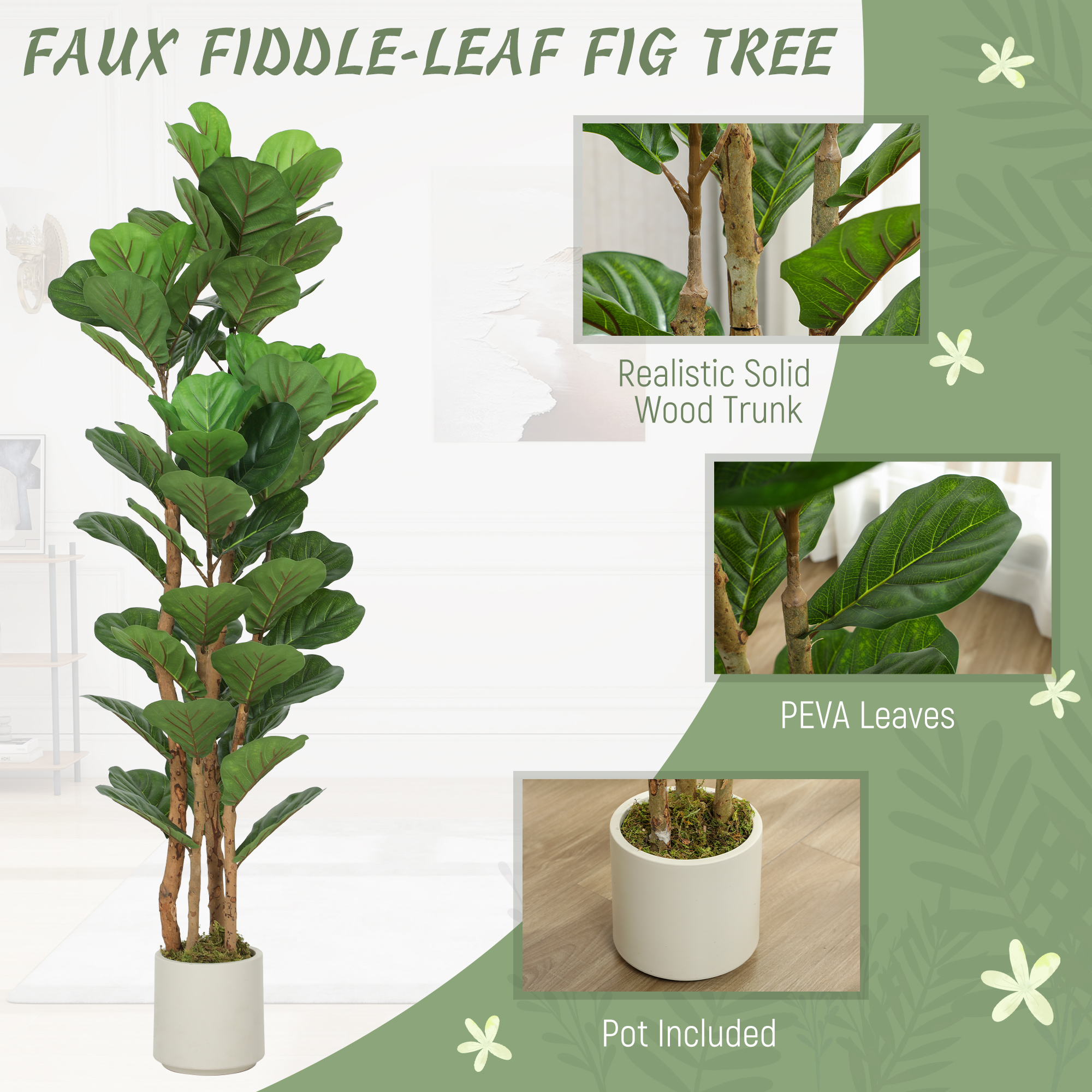5FT Artificial Fiddle Leaf Fig Tree Set of 2, Fake Potted Tree with Solid Wood Trunks for Indoor Decor, Green - Image 2
