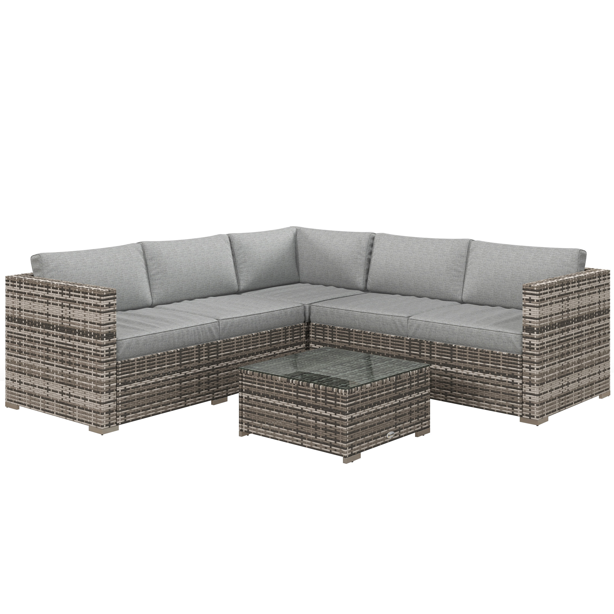 4 Pieces Rattan Wicker Outdoor Conversation Furniture Set w/ Corner Sofa Loveseats Coffee Table Cushions, Mixed Grey
