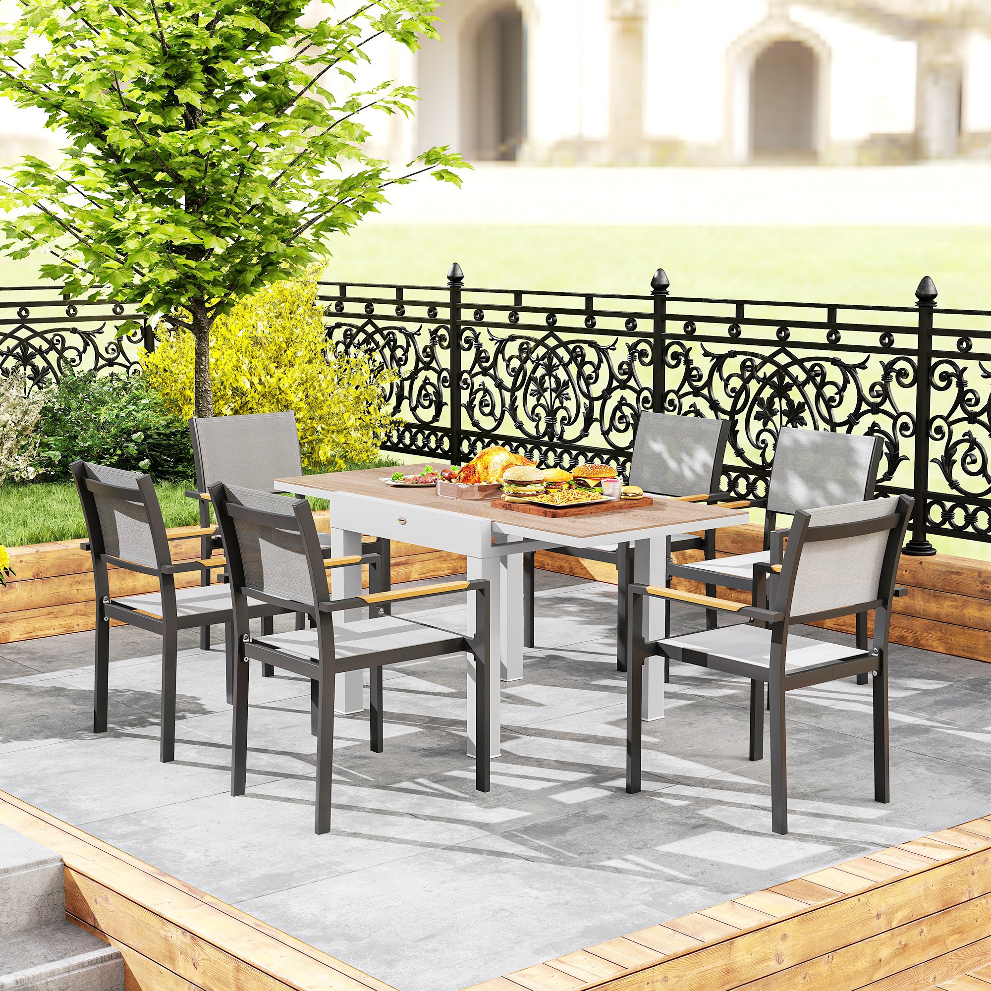 Extendable Patio Dining Table, Aluminum Frame Outdoor Patio Table with Faux Wood Top for Garden Backyard, Natural Wood - Image 5