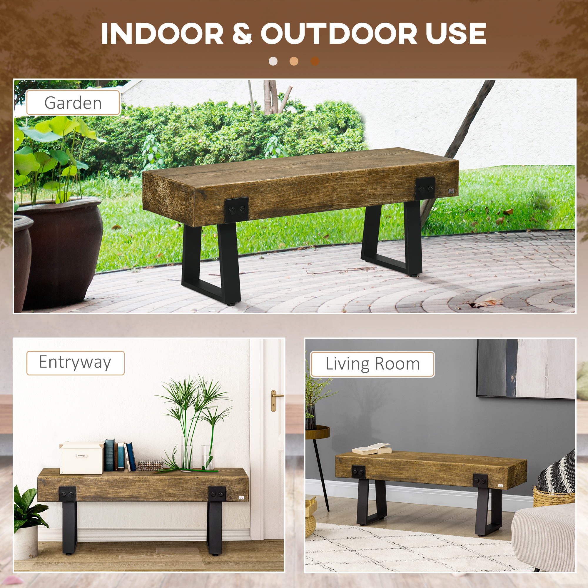 Outdoor Bench, Garden Bench with Metal Legs, Rustic Wood Effect Concrete, Indoor or Outdoor Use for Patio, Park, Porch and Lawn, Natural and Black - Image 4