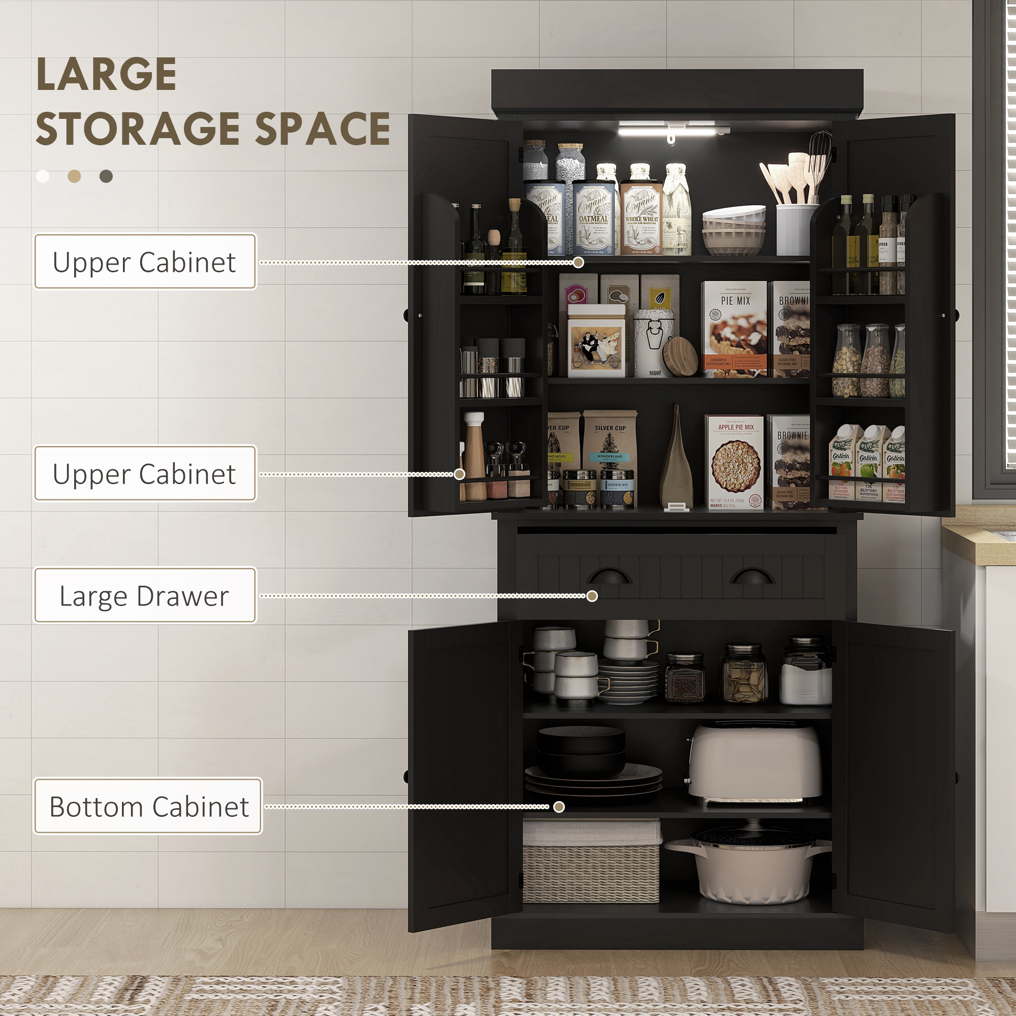 71" Kitchen Pantry Cabinet with LED Lights, 6 Spice Racks, a Drawer and 4 Adjustable Shelves, Black - Image 2