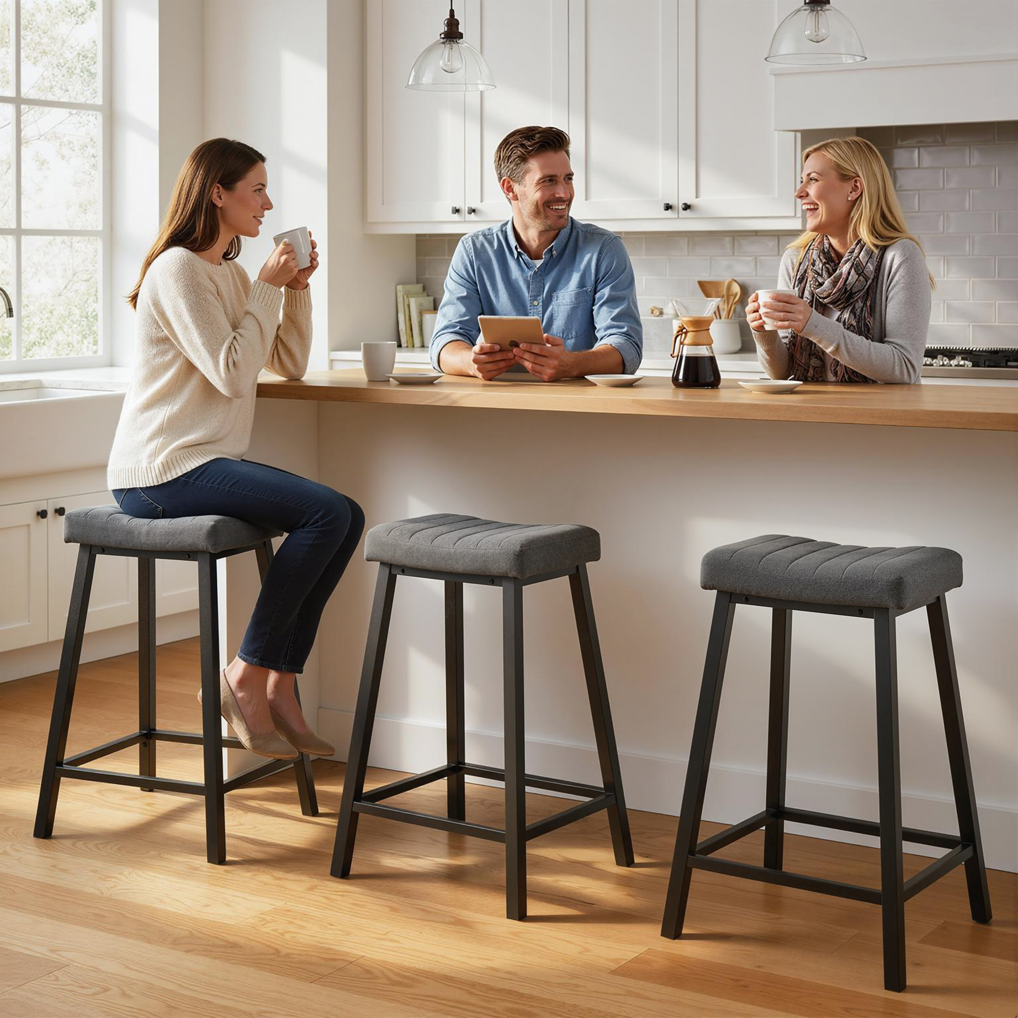 Set of 3 Bar Stools, Velvet Upholstered Counter Stools with Curved Seat and Footrest for Kitchen Island, Grey - Image 4