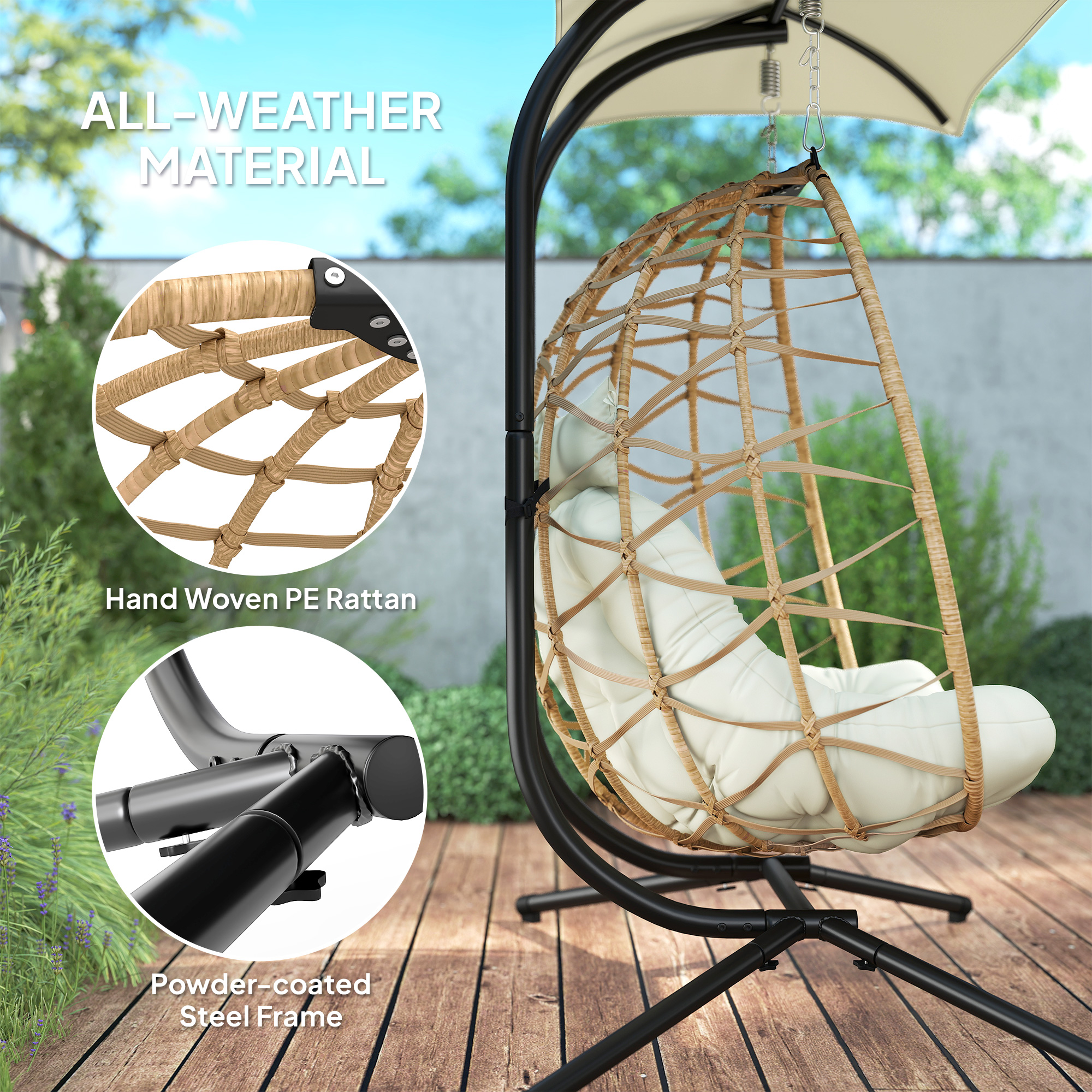 Double Wicker Egg Swing Chair with Canopy, Foldable Hanging Egg Chair with Stand Cushion Headrest, Beige - Image 4