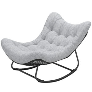 Oversized Rattan Patio Egg Chair, Outdoor Rocking Chair with Padded Cushion for Indoor, Porch, Grey