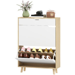 Narrow Shoe Cabinet for Entryway with 2 Flip Drawers, Top Drawer and Adjustable Shelves for 12 Pairs of Shoes, White
