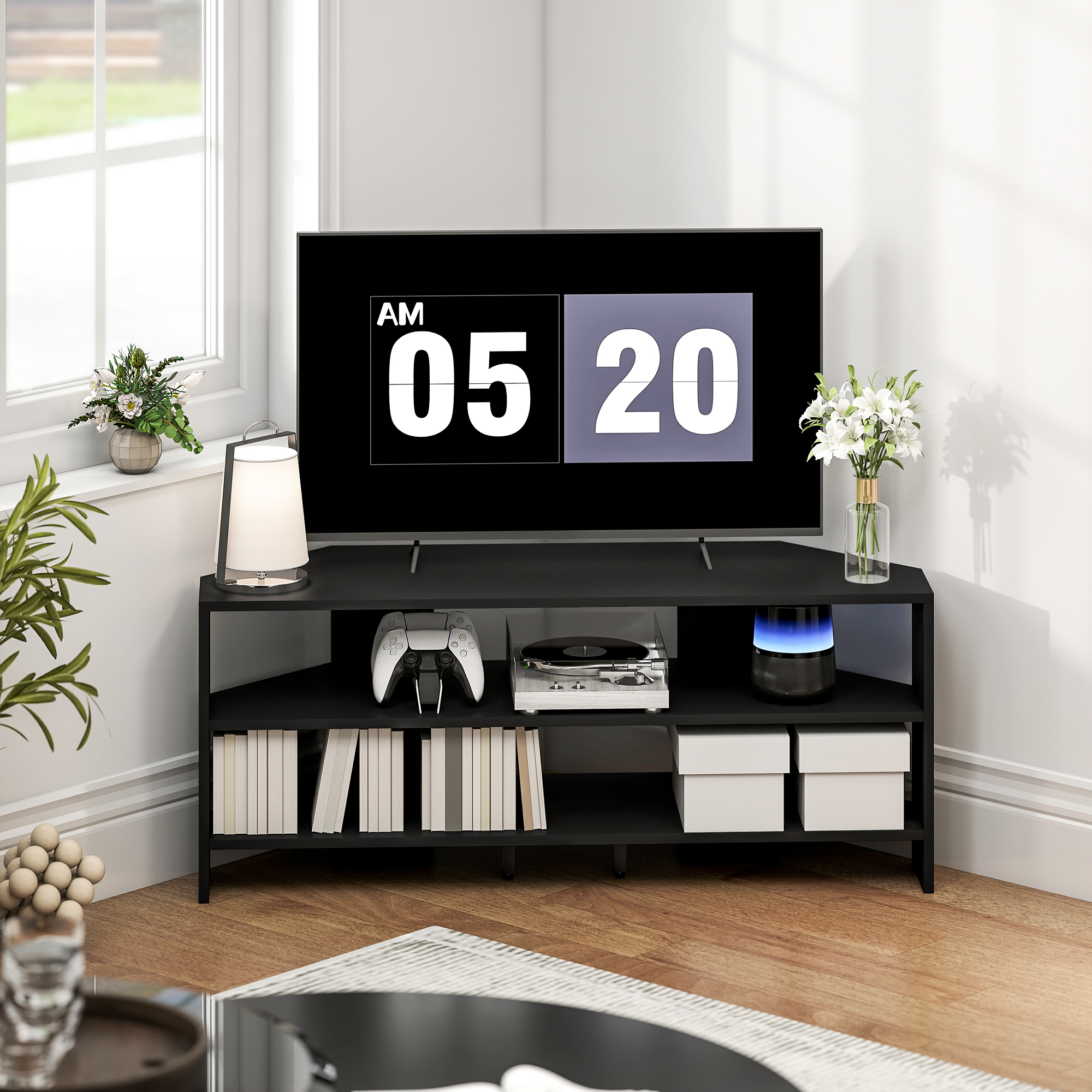 Corner TV Stand, Modern TV Table with 2 Open Shelves for 47 Inch TV, Entertainment Center for Living Room, Black - Image 5