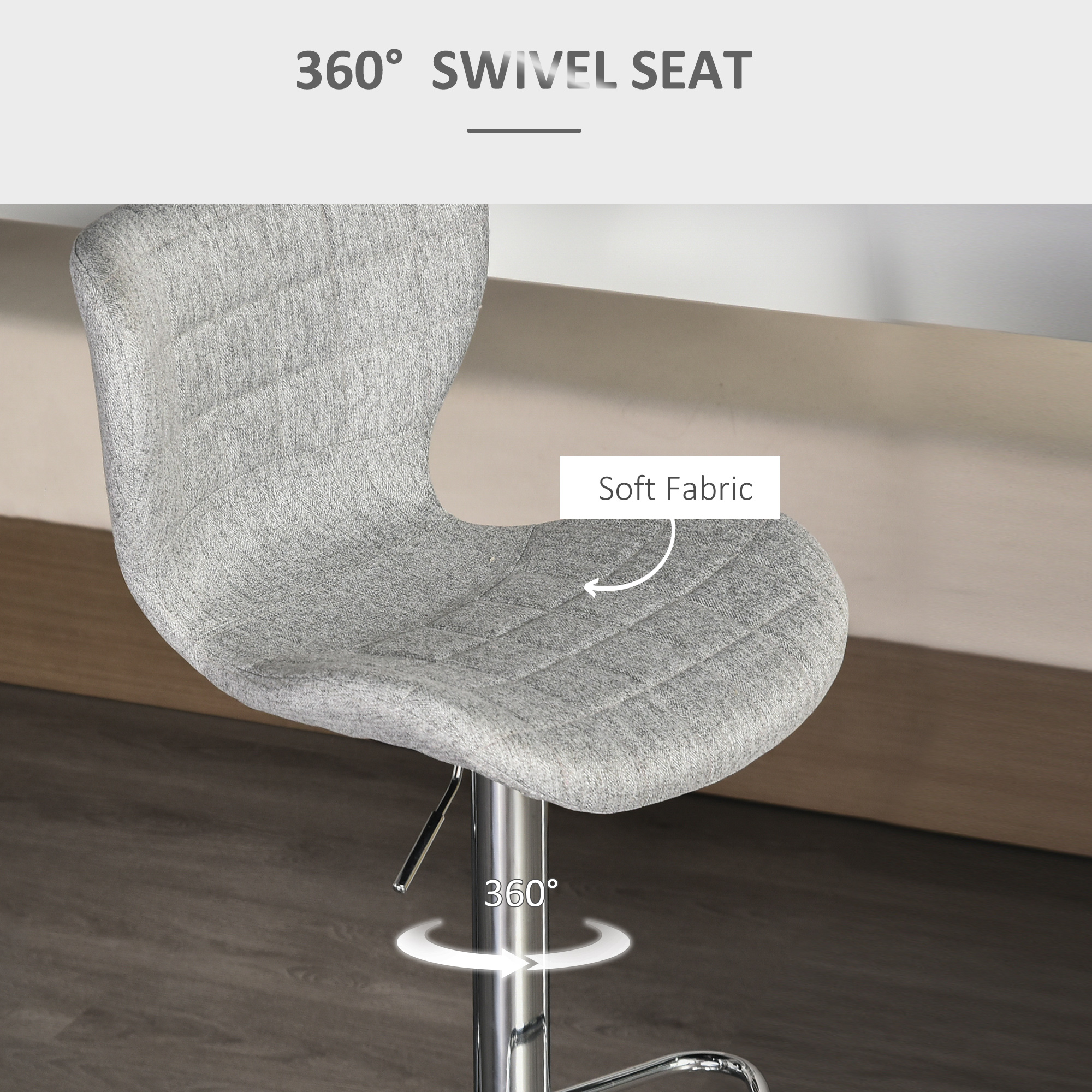 Set of 2 Counter Height Bar Stools Swivel Stool Height Adjustable Bar Chairs with Footrest for Kitchen Dining Home Pub, Grey - Image 4