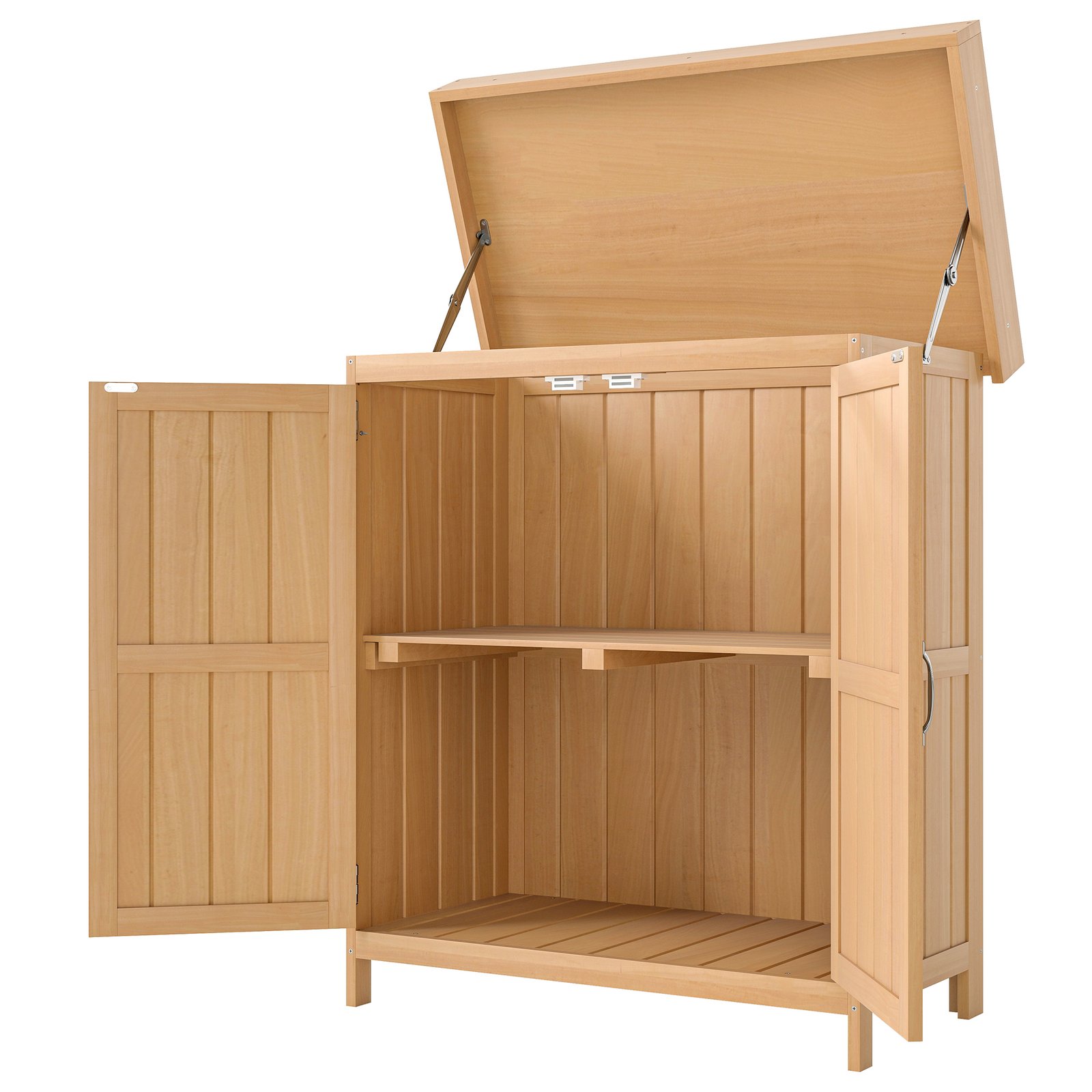 Wooden Garden Tool Storage Shed Kit with Hinged Roof, 2-Tier Shelves and Double Doors, 74x43x88cm, Natural Wood