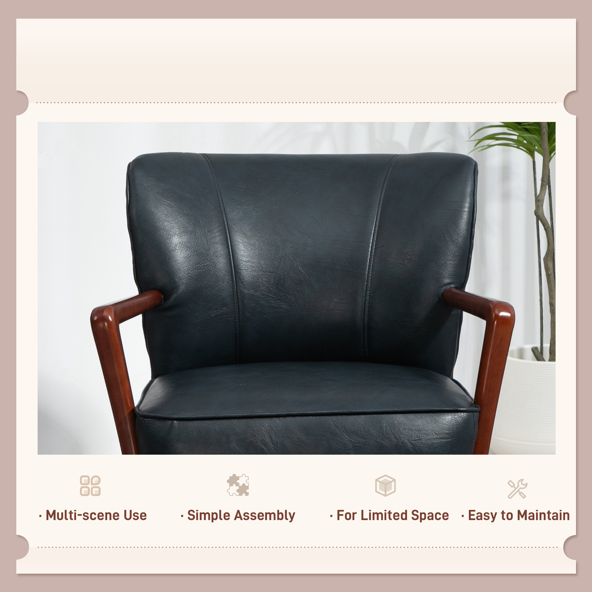 Accent Chair, Modern Armchair, Faux Leather Upholstered Living Room Chair with Wood Legs and Wide Padded Seat, Blue - Image 4