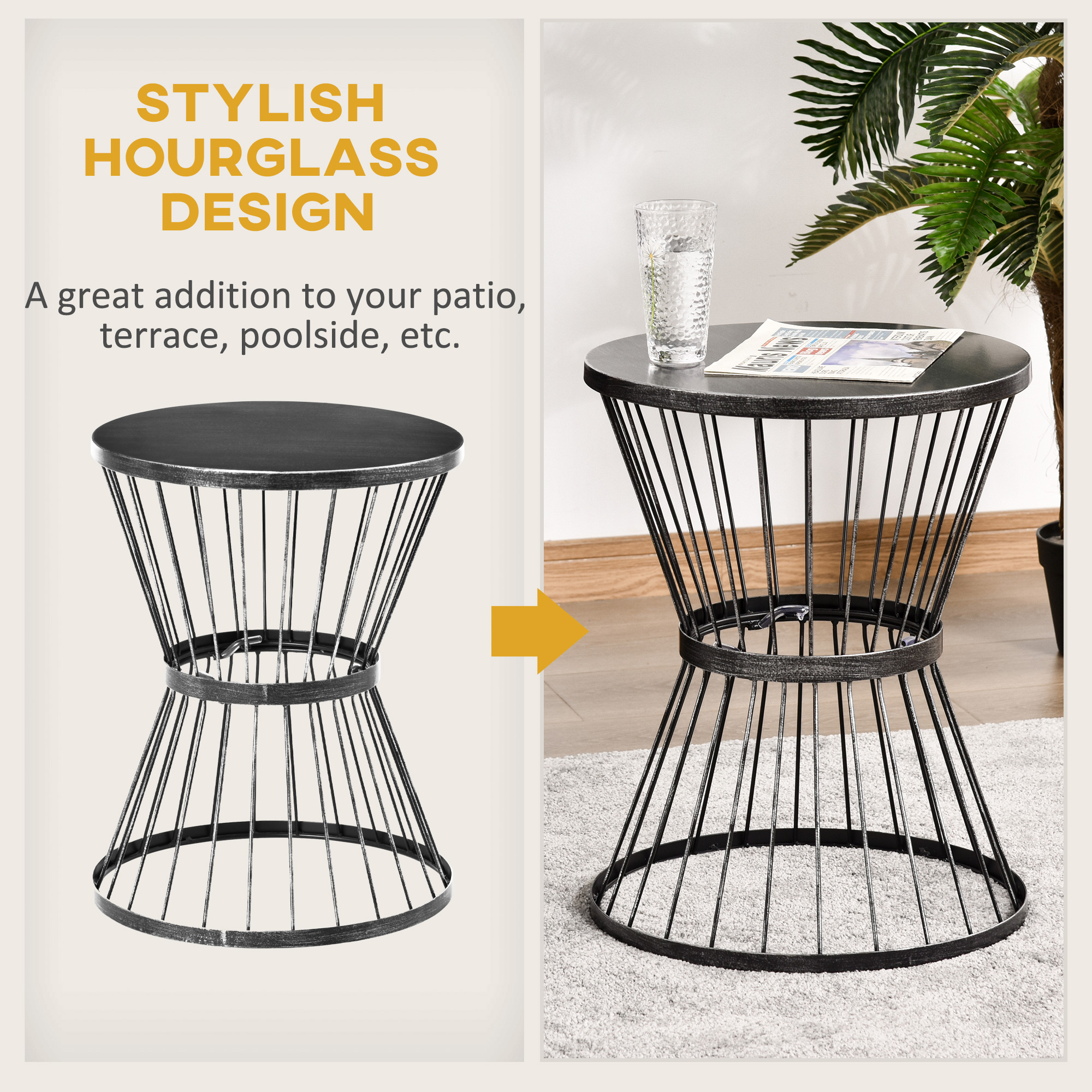 16" Steel Patio Side Table, Garden End Table with Hourglass Design, Accent Table for Outdoor and Indoor Use, Black - Image 2