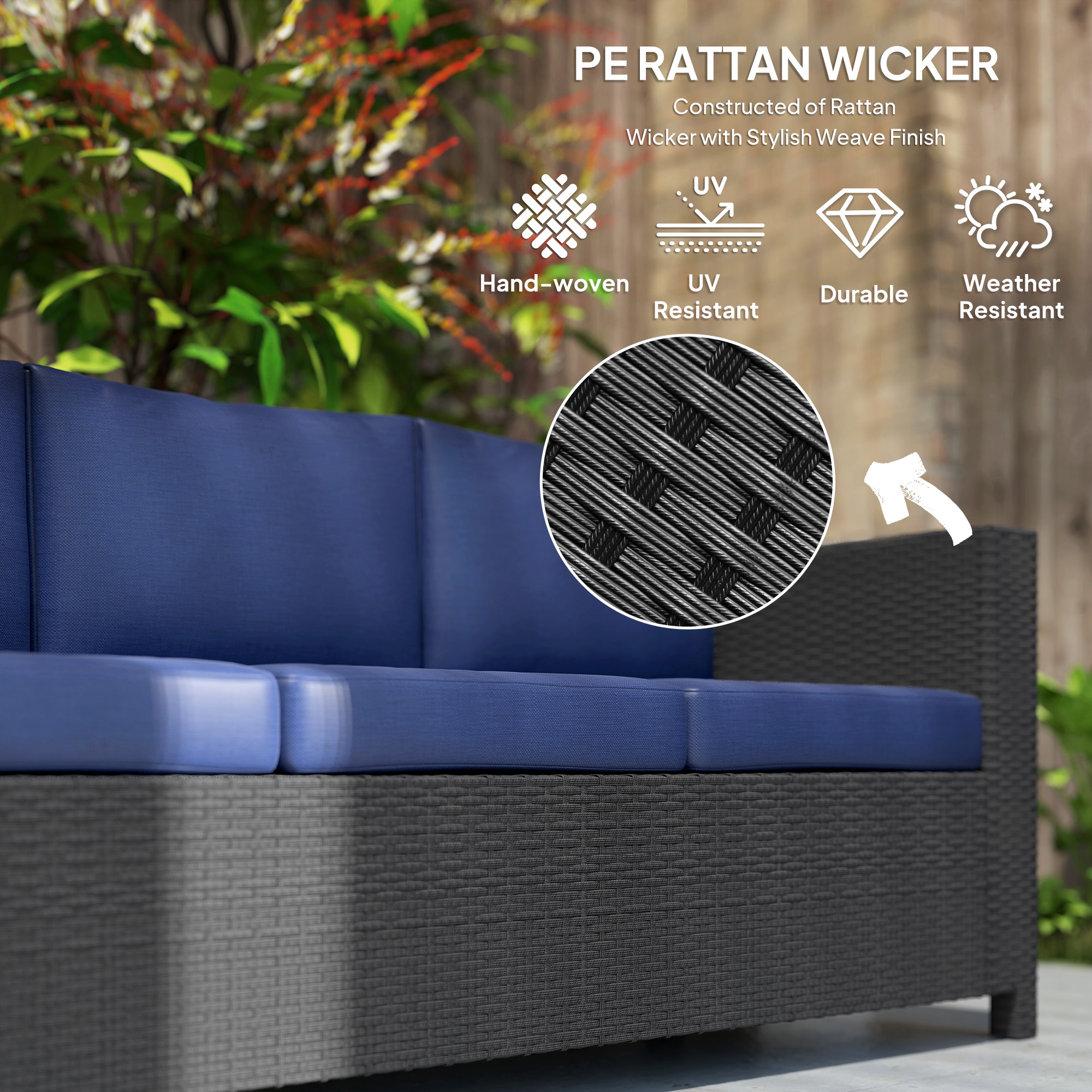 Deluxe 3 Seat Rattan Wicker Sofa Garden Outdoor Patio Furniture with Cushion, Navy Blue - Image 2