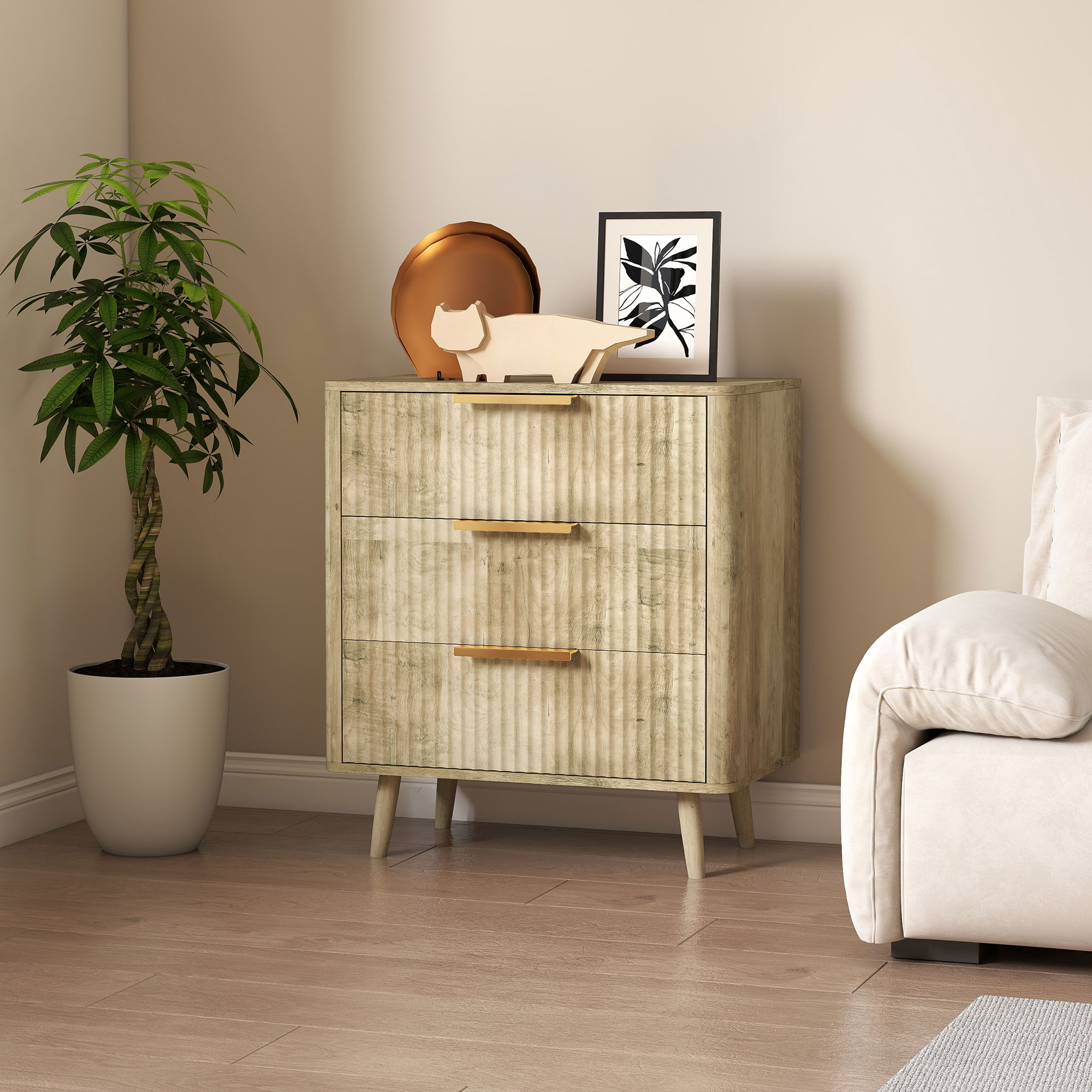 Fluted Chest of Drawers, Modern 3 Drawer Dresser with Pine Wood Legs, Finger Pulls for Closet, Living Room, Hallway, Oak - Image 6
