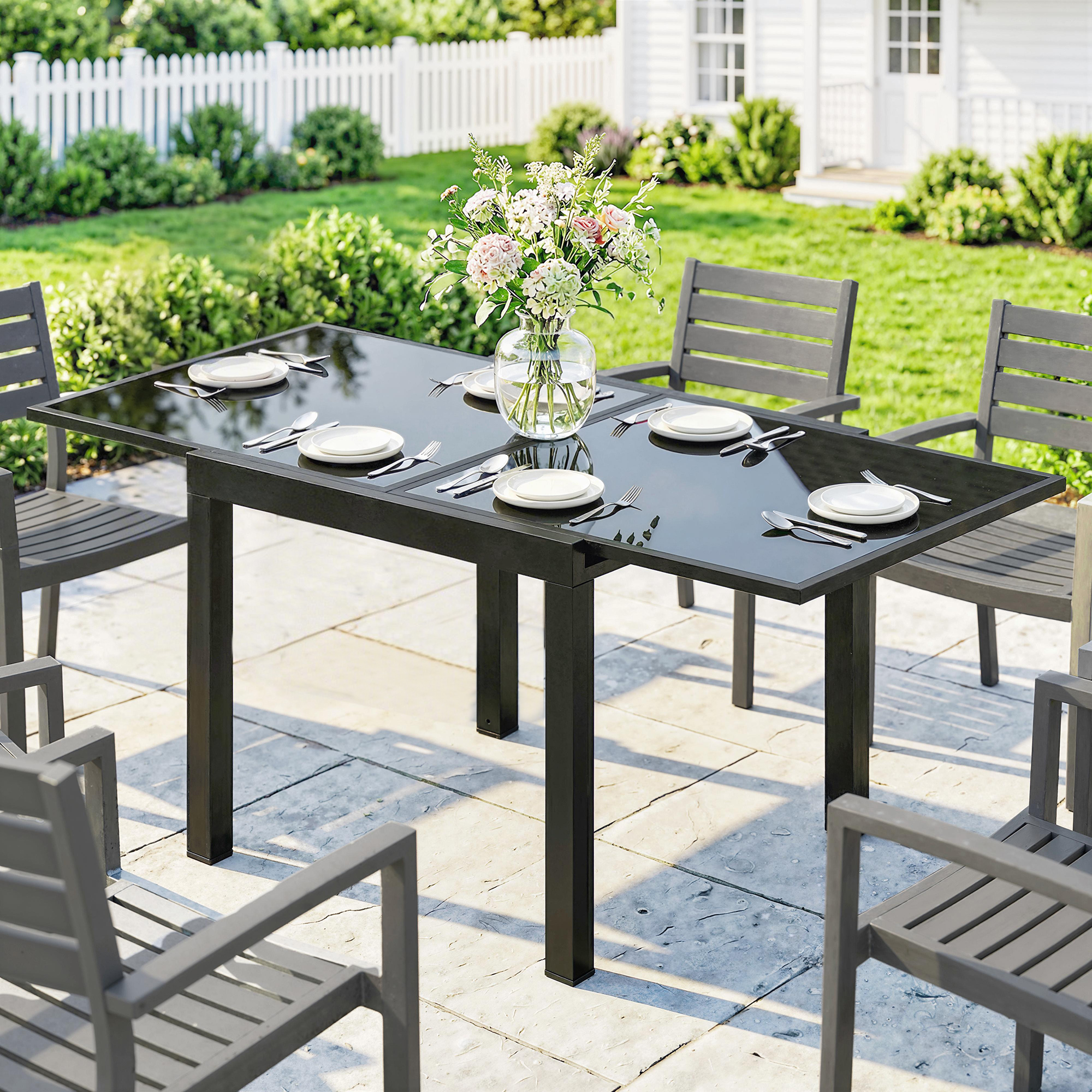 Aluminum Expandable Outdoor Dining Table with Tempered Glass Tabletop and Aluminum Frame, for Garden, Backyard, Black - Image 6