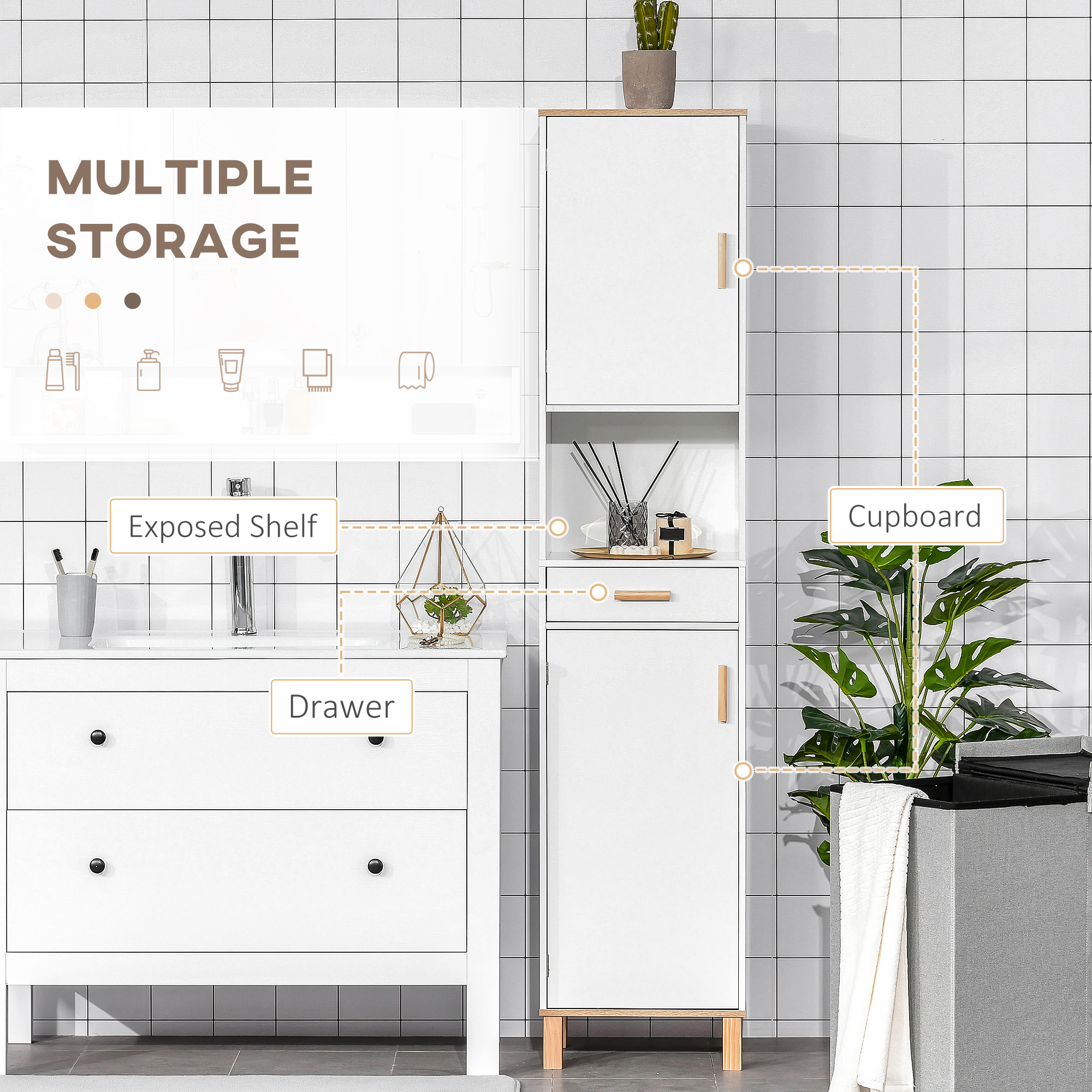 Bathroom Storage Cabinet with Cupboards and Drawer, Floor Free Standing Linen Tower, Tall Slim Side Organizer Shelves, White - Image 3