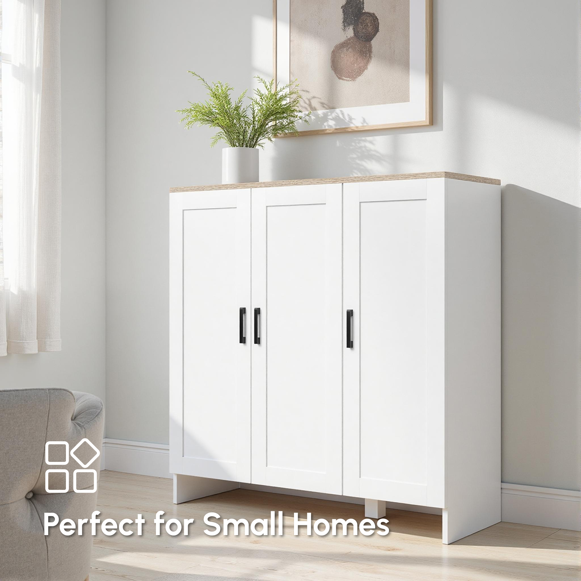 Modern Sideboard Cabinet with Adjustable Shelves, 3 Doors for Modern Kitchen & Dining Room, Ideal for Homeowners, White - Image 5