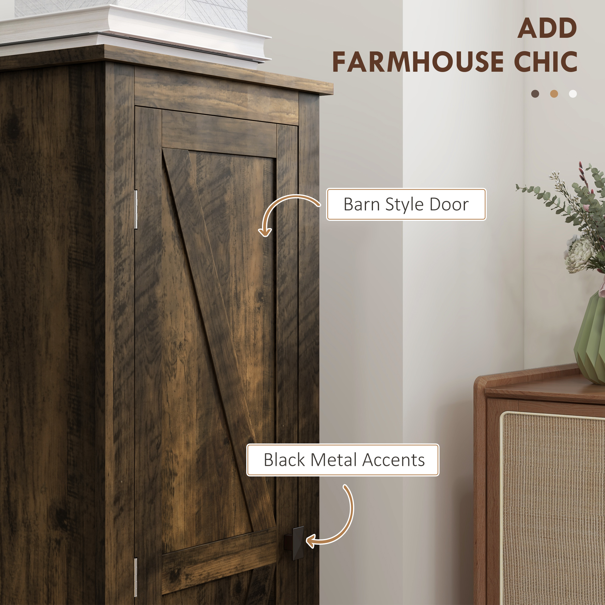 48" Farmhouse Kitchen Pantry Storage Cabinet with Barn Door, Kitchen Pantry Cabinet with Adjustable Shelves, Brown - Image 4