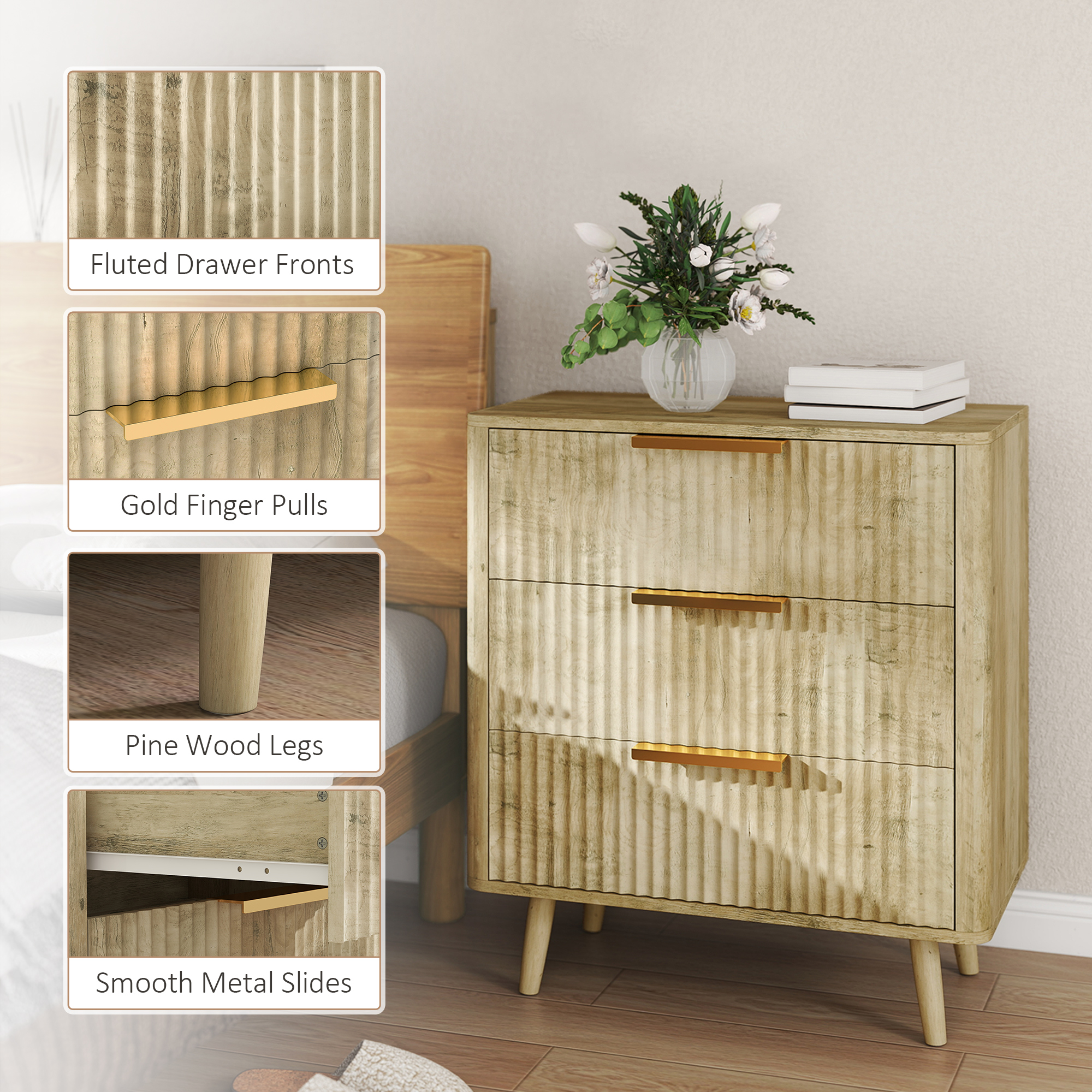 Fluted Chest of Drawers, Modern 3 Drawer Dresser with Pine Wood Legs, Finger Pulls for Closet, Living Room, Hallway, Oak - Image 5