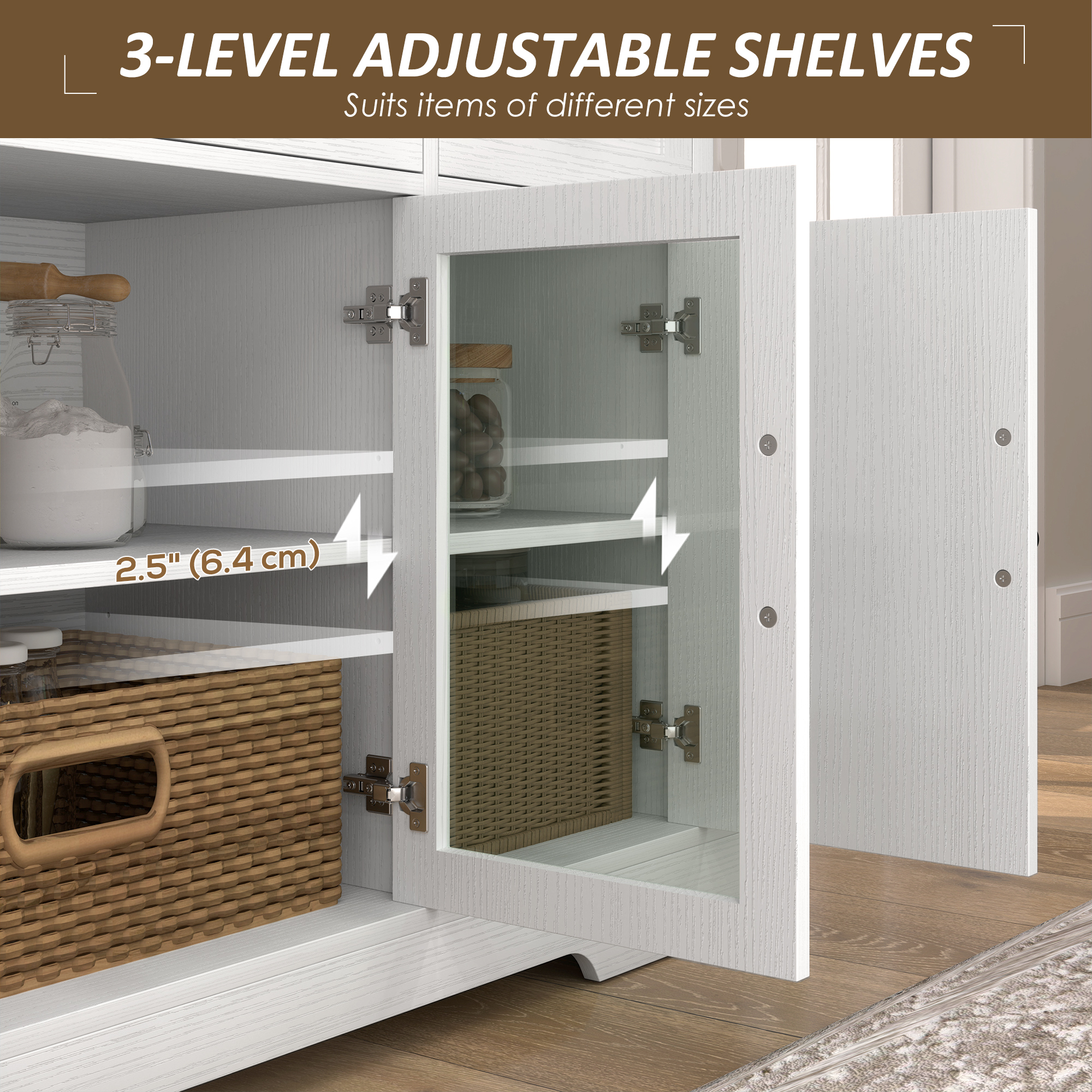 Sideboard Buffet Cabinet with Storage, Coffee Bar Cabinet with Glass Doors and Adjustable Shelves, Distressed White - Image 3