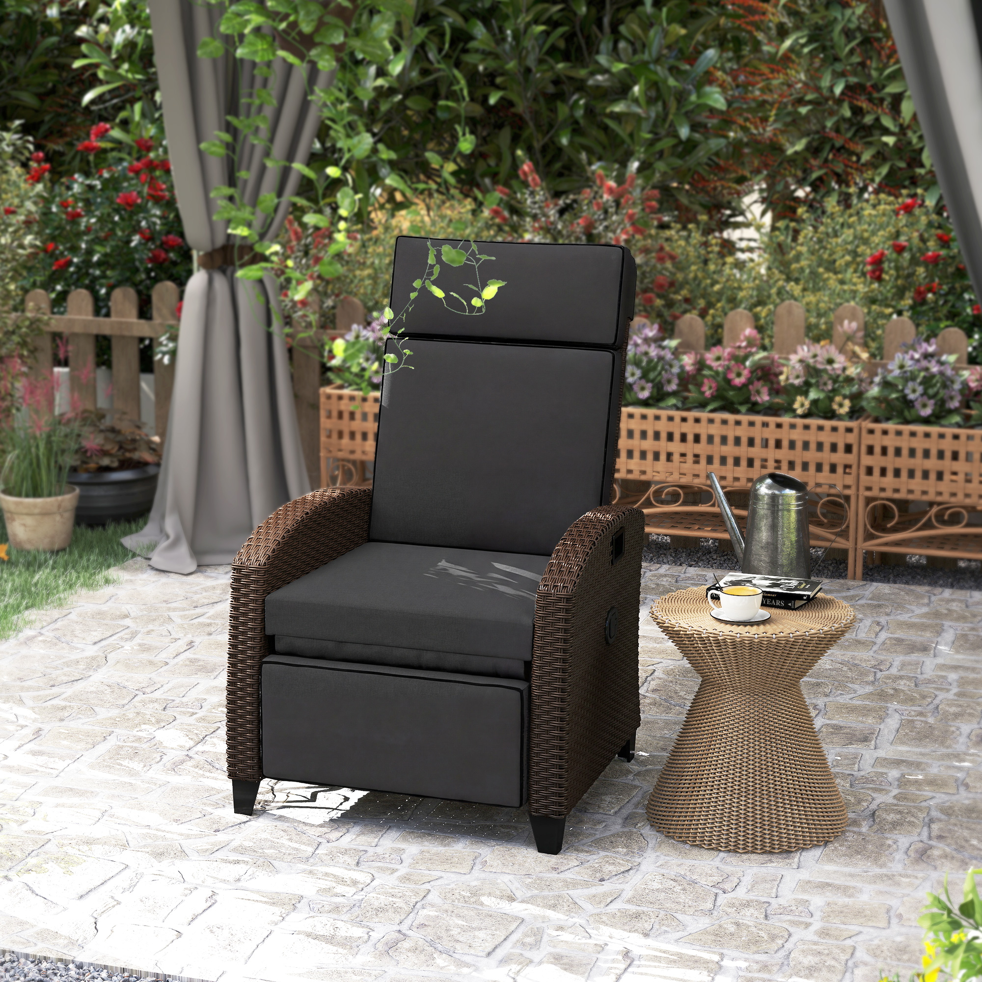 Outdoor Recliner Chair with Adjustable Backrest, Cushion, Side Tray, Black - Image 6