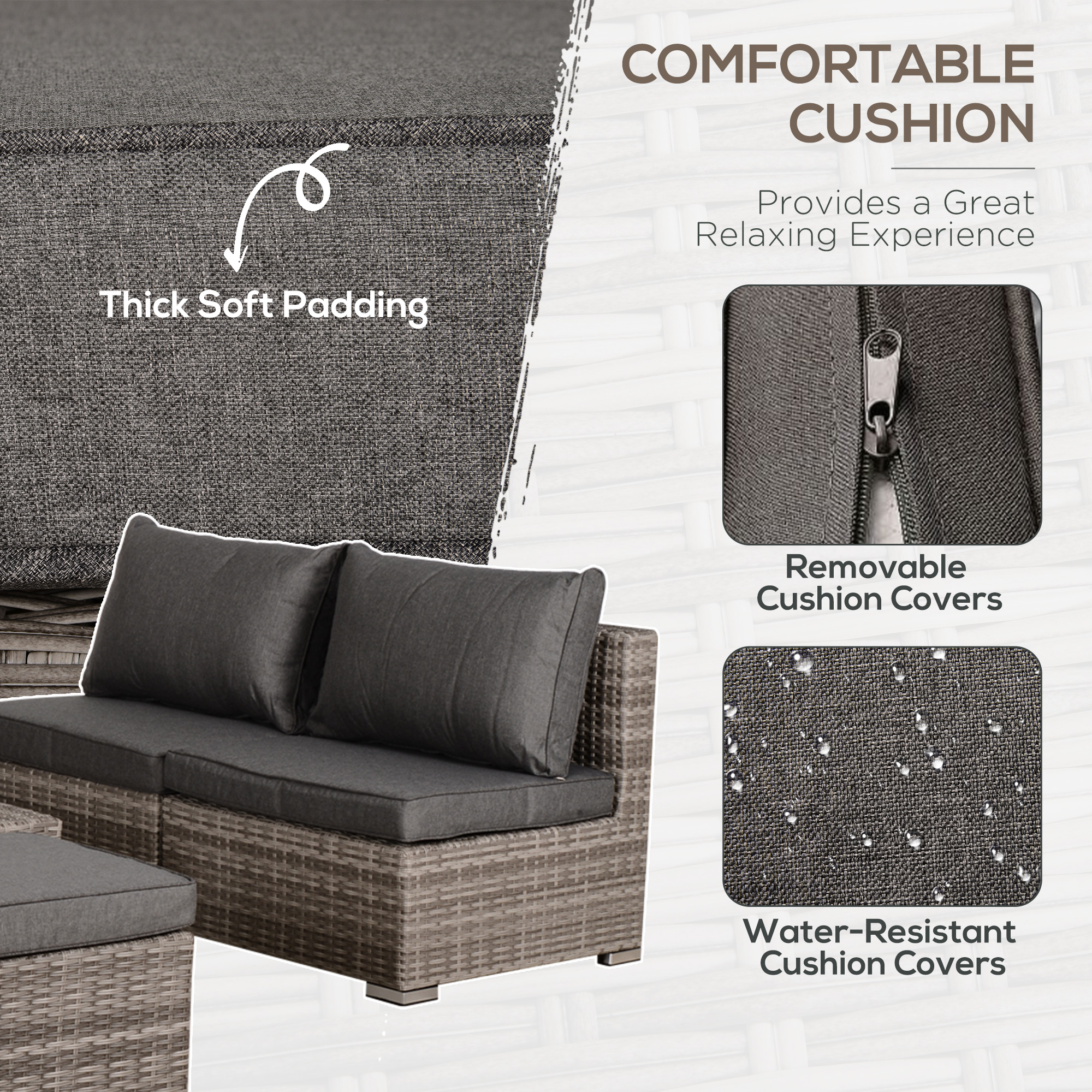 8 Pieces Patio Furniture Set, Outdoor Wicker Rattan Sofa Set Yard Conversation Seat Tea Table and Footstool Garden Patio Furniture w/ 2 Set Cushion Cover Grey & Orange - Image 5