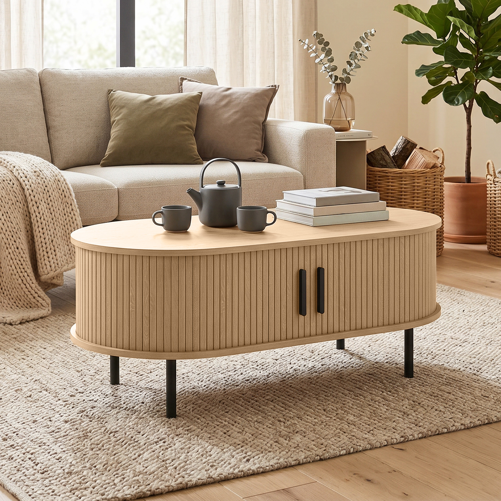 Coffee Table with Sliding Tambour Doors and Storage Center Table with Metal Legs, 39", Natural - Image 6