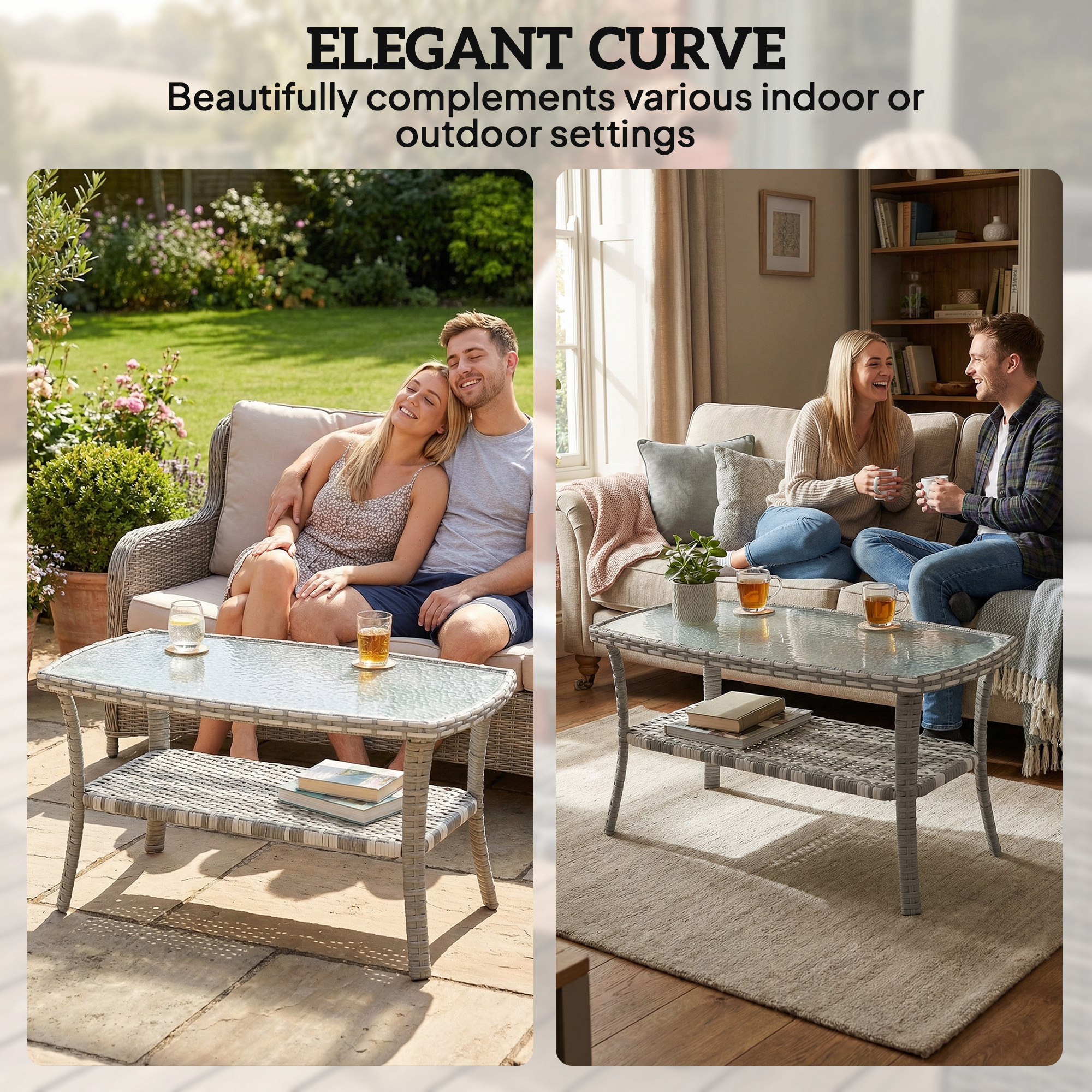 Outdoor Coffee Table with Storage Shelf, PE Wicker Patio Table with Glass Top for Garden, Backyard, Dark Grey - Image 5