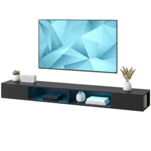 TV Stand with RGB LED Lights, Entertainment Center with Open Shelves for 75 Inch TV, Black Wood Grain