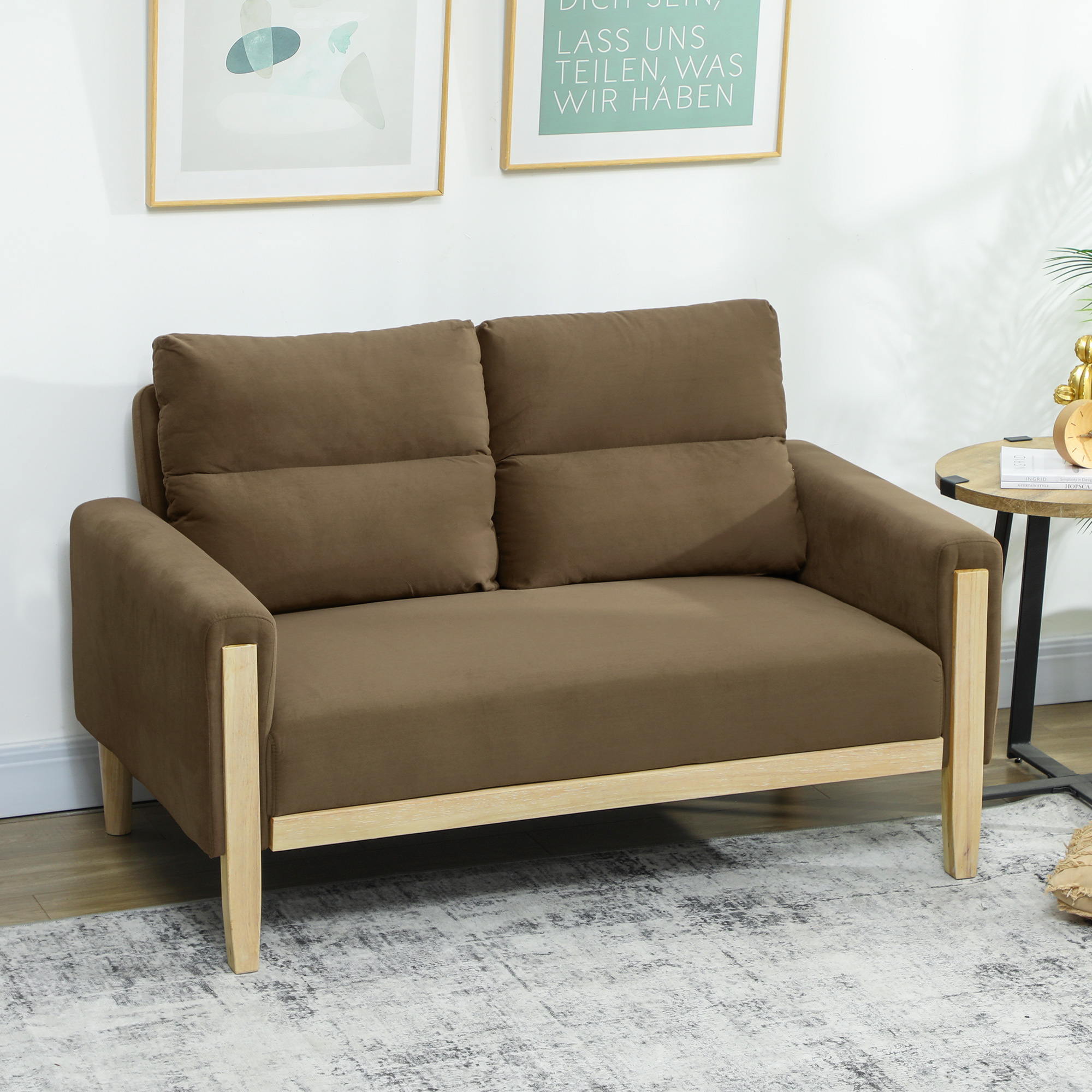 53" Loveseat Sofa, Small 2 Seater Couch with Solid Wood Legs, Modern Velvet Sofa for Living Room, Small Spaces,Brown - Image 6