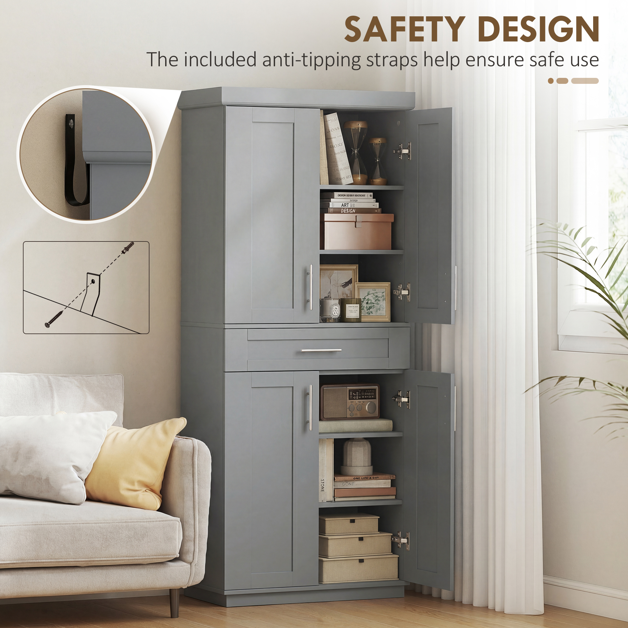 72" Storage Cabinet, Freestanding Kitchen Pantry Cabinet with 4 Doors, Drawer and 3 Adjustable Shelves, Grey - Image 4