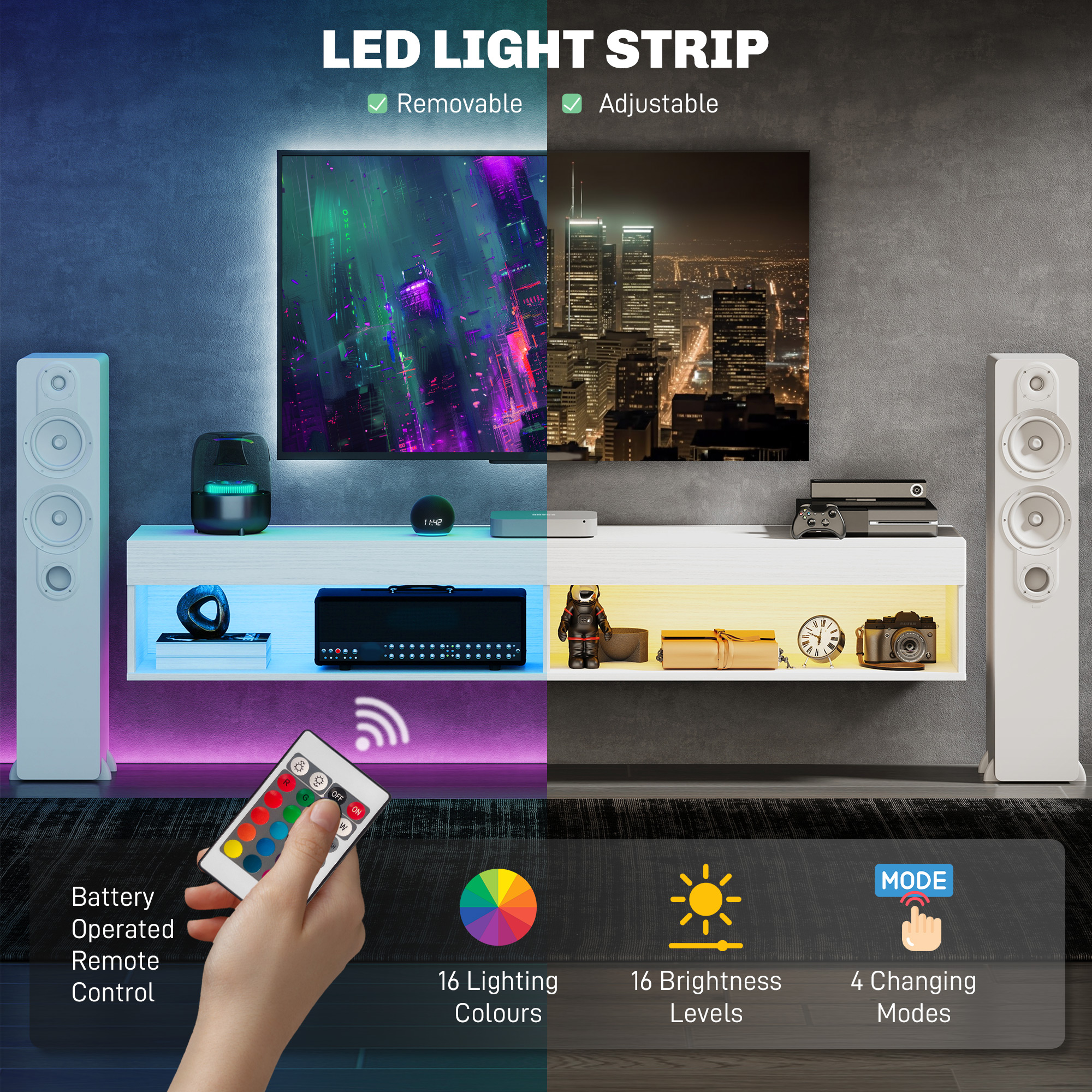 Modern Wall Mounted TV Stand with Storage and LED Lights for TVs up to 75", Floating TV Shelf for Living Room, White - Image 3